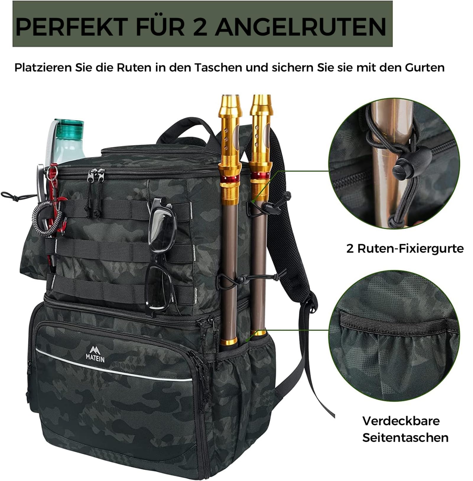 MATEIN Angelrucksack mit Rutenhalter, Wasserdichter Angel Rucksack Herren mit Isoliertes Kühlfach, Angelrucksack für Angeln Wandern Camping Trekking, Geschenke für Angler Männer, Camouflage