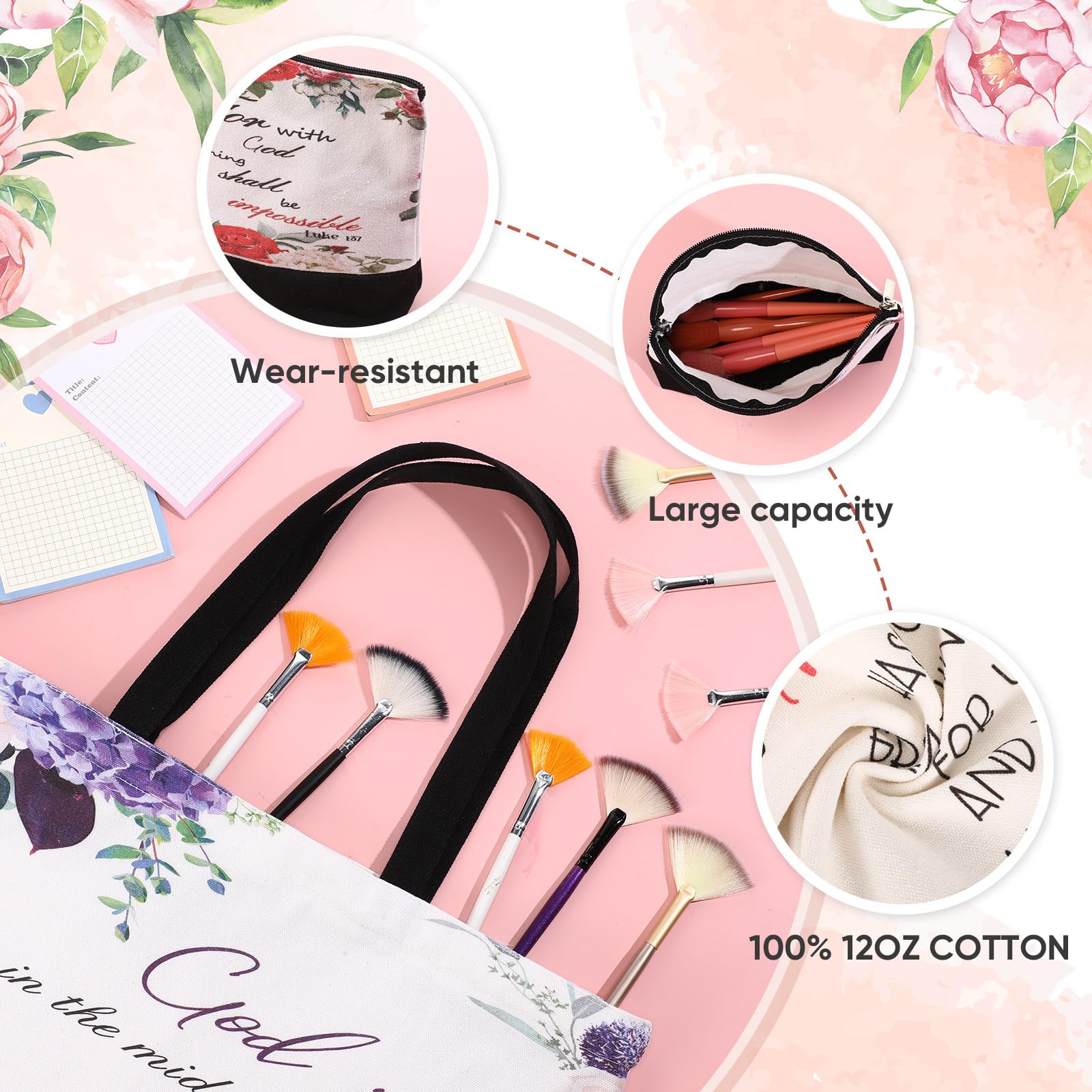 Huhumy 12 Stück Weihnachten Religiöse Christliche Geschenke für Frauen Inspirierende Schrift Bulk Make-up Taschen Floral Verse Wiederverwendbare Bibel Tragetasche für Geburtstag Abschluss Hochzeit
