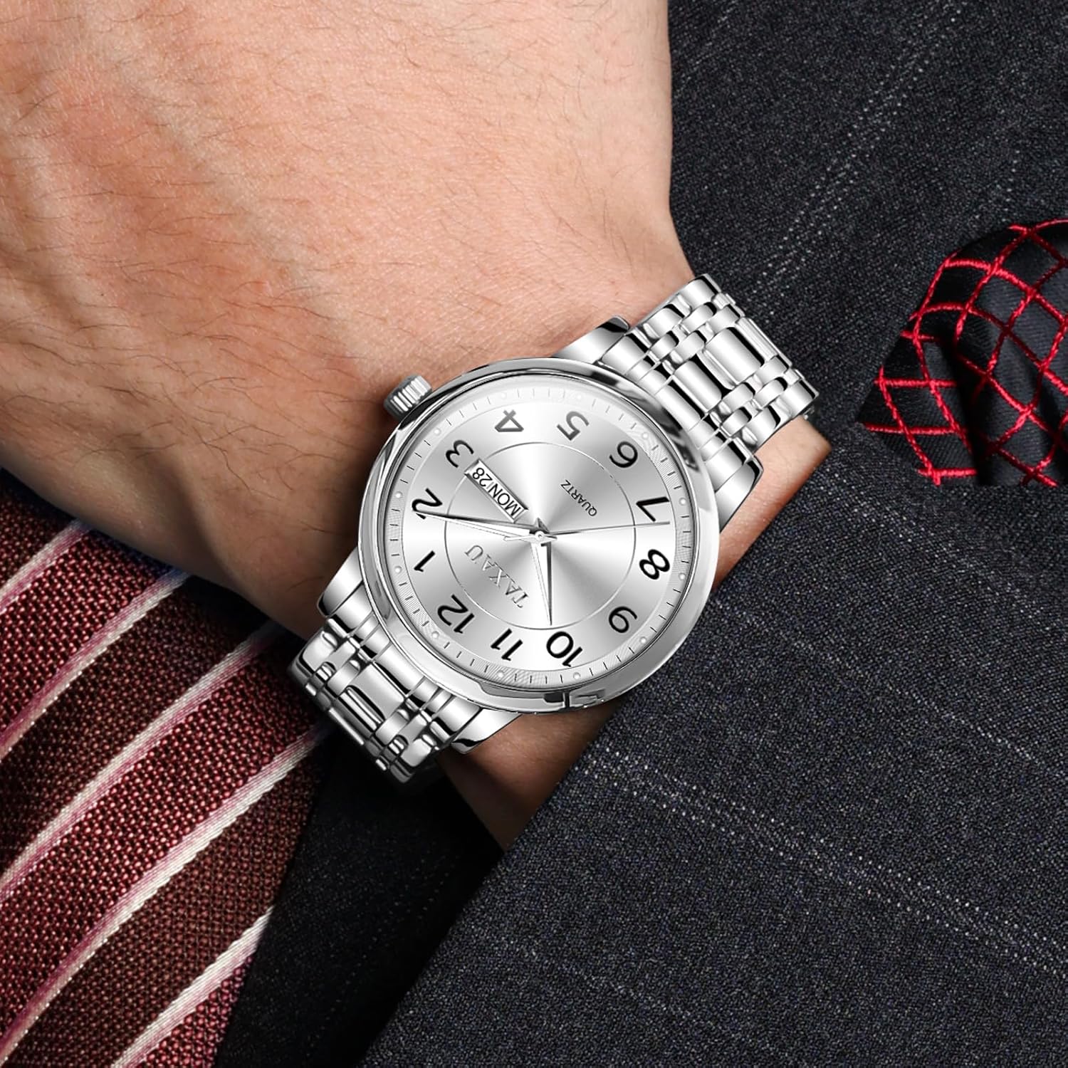 Men’s Dress Watches Waterproof Analog Quartz Watch with Day Date Stainless Steel Band Luxury Large Arabic Numerals Classic Luminous Hands Easy Read, Hidden Butterfly Clasp Relojes para Hombres - Image 2