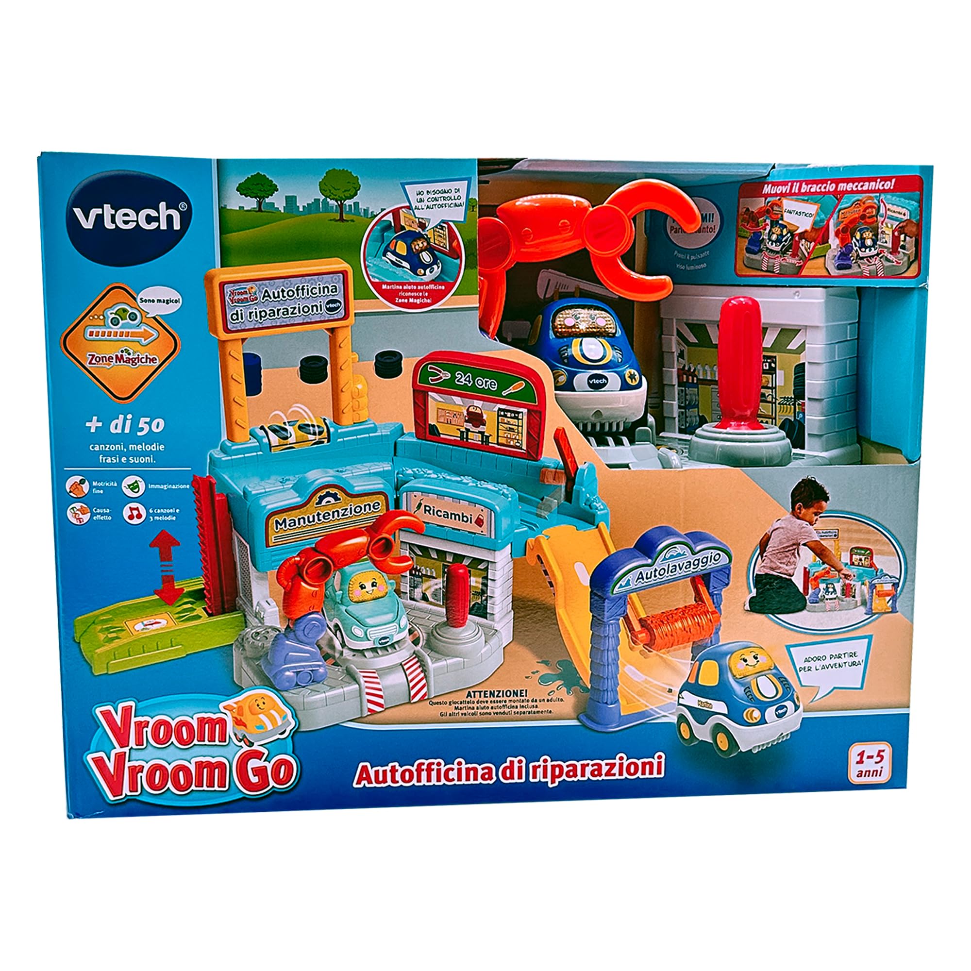VTech Vroom Vroom Go - Autofficina di Riparazioni, Pista Macchinine con Garage Multifunzione, Braccio Robotico, Incluso 1 Veicolo, 3 Zone Magiche, Lingua Italiana, Batterie Incluse, 1-5 Anni