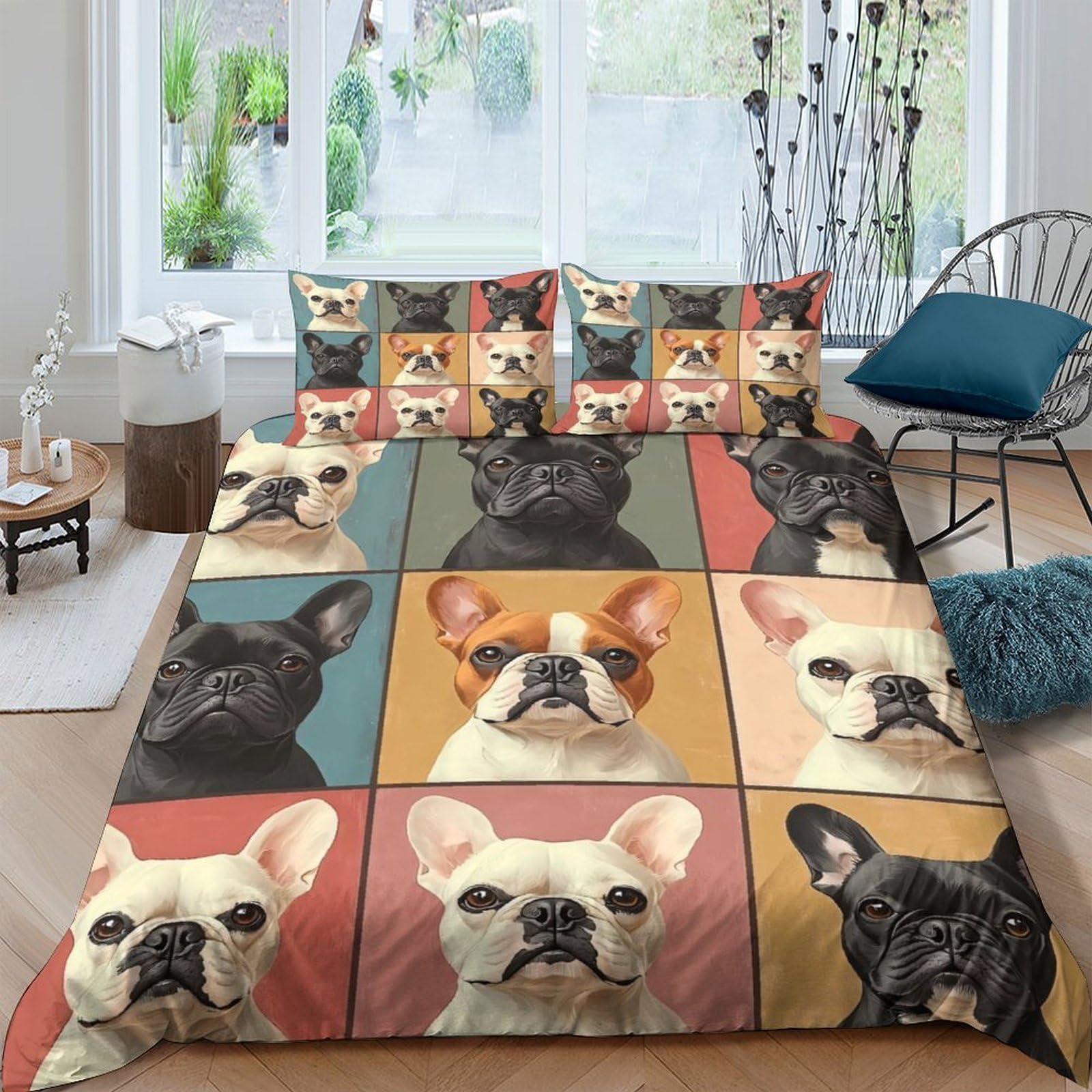 GPLZQXKJNH 3D Printed French Bulldog Duvet Cover Microfiber Soft Breathable Dog Pattern Bedding Set with 2 Pillowcases for Bedroom Decor, Single（135x200cm）
