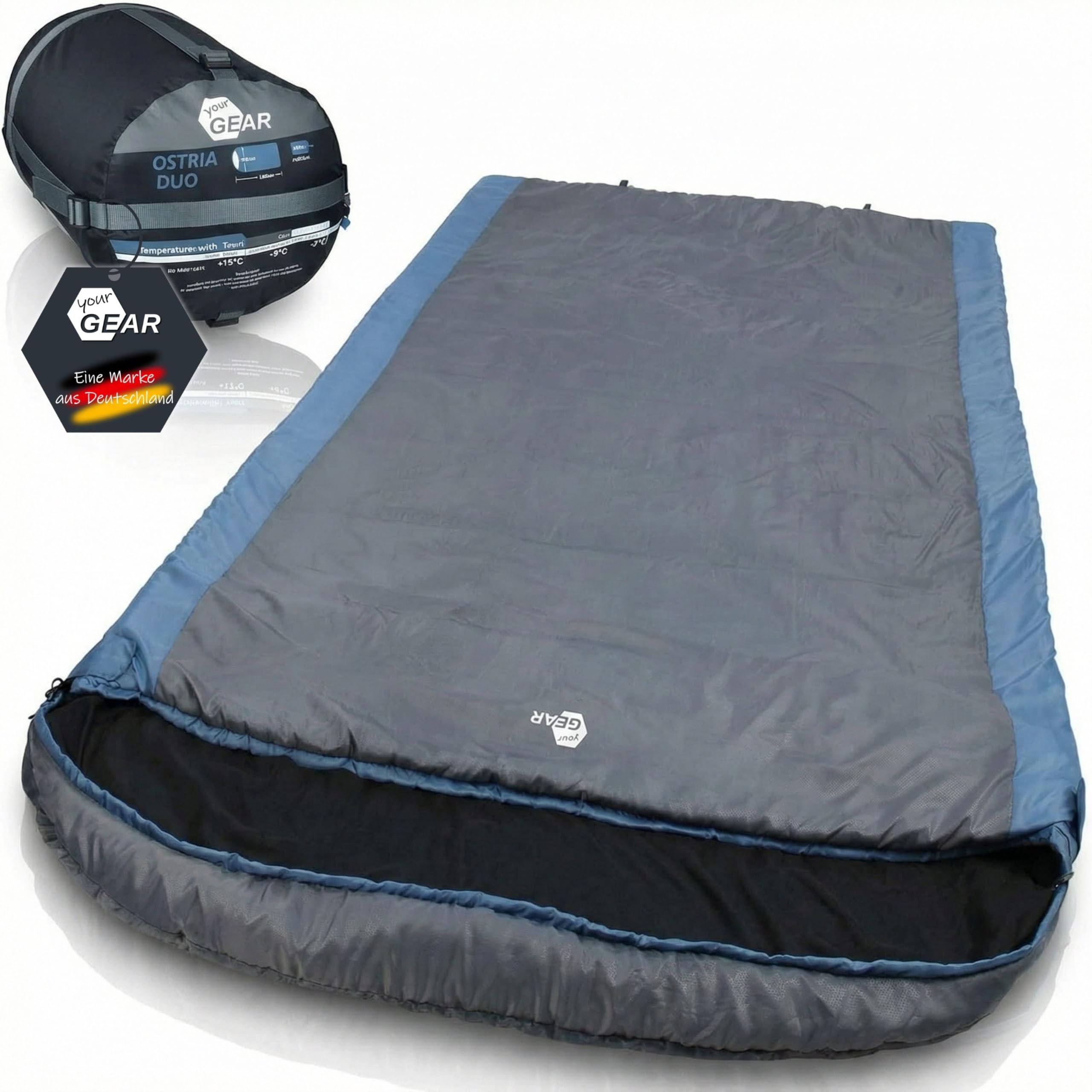 your GEAR Sac de couchage Ostria Duo - 3°C - 2 hommes - Camping - 230 x 160 cm - Double sac de couchage en bleu gris