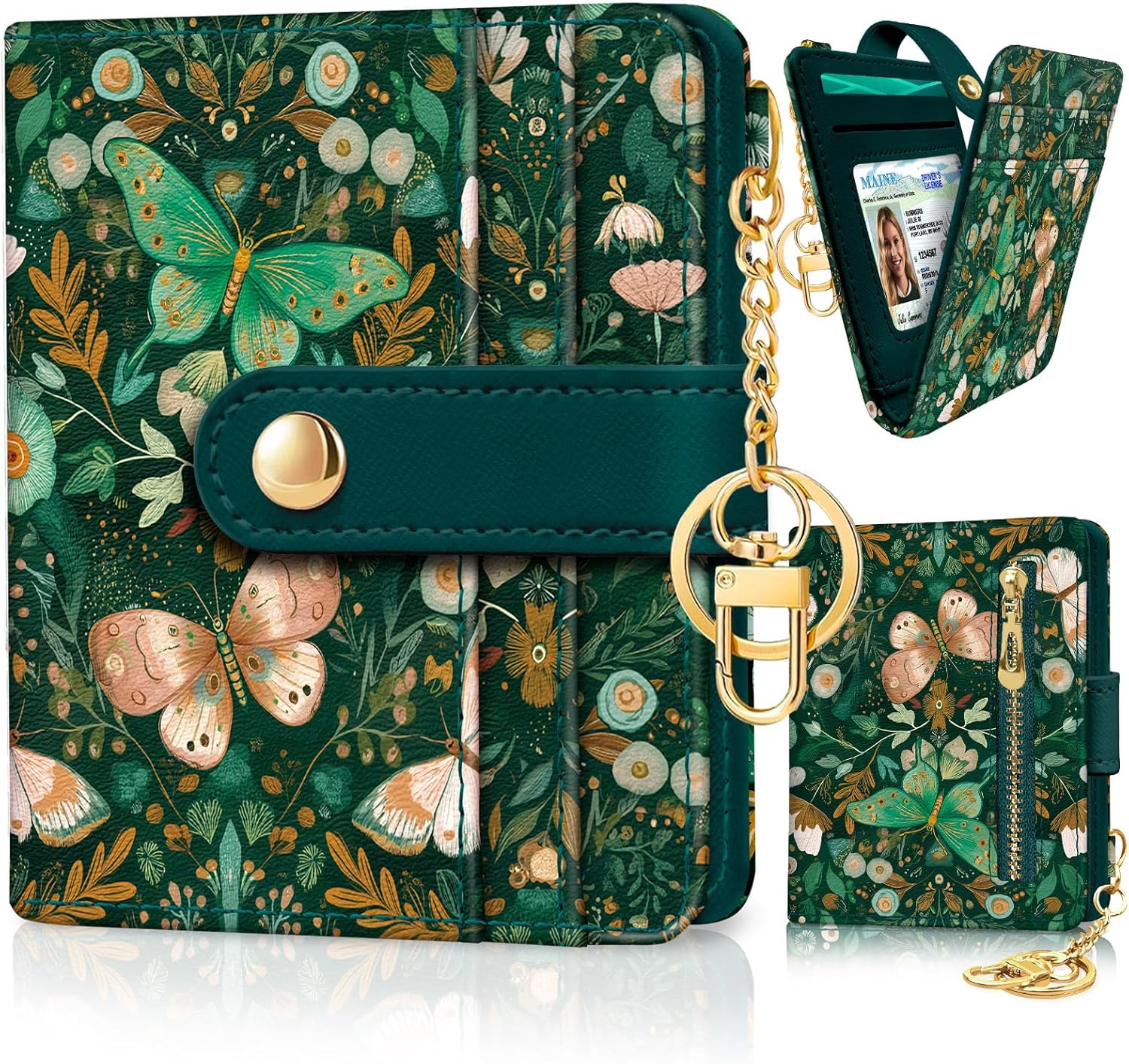 Butterfly Green Rfid Women Wallet, Small Slim Thin Compact Credit Card Wallet, PU Leather Bifold Cash Wallet, Zipper Coin Pocket ID Window, Female Ladies Girl Gifts