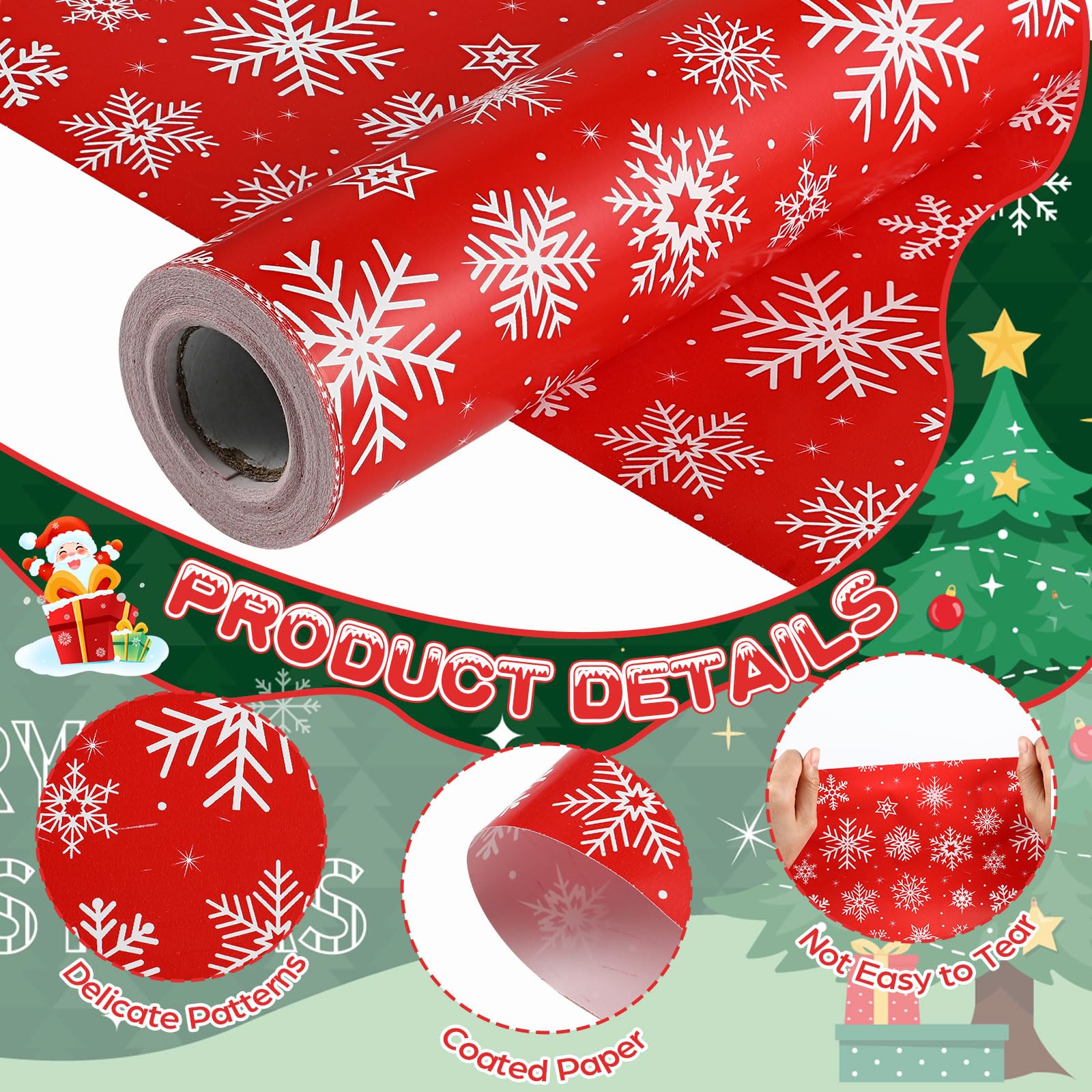 AmazingSpark Umkehrbares Weihnachts-Geschenkpapier, Jumbo-Rolle, weiße Schneeflocke, Rot, Geschenk-Set für Weihnachtszeit, Partygeschenk (68 cm x 25 m, Schneeflocken)
