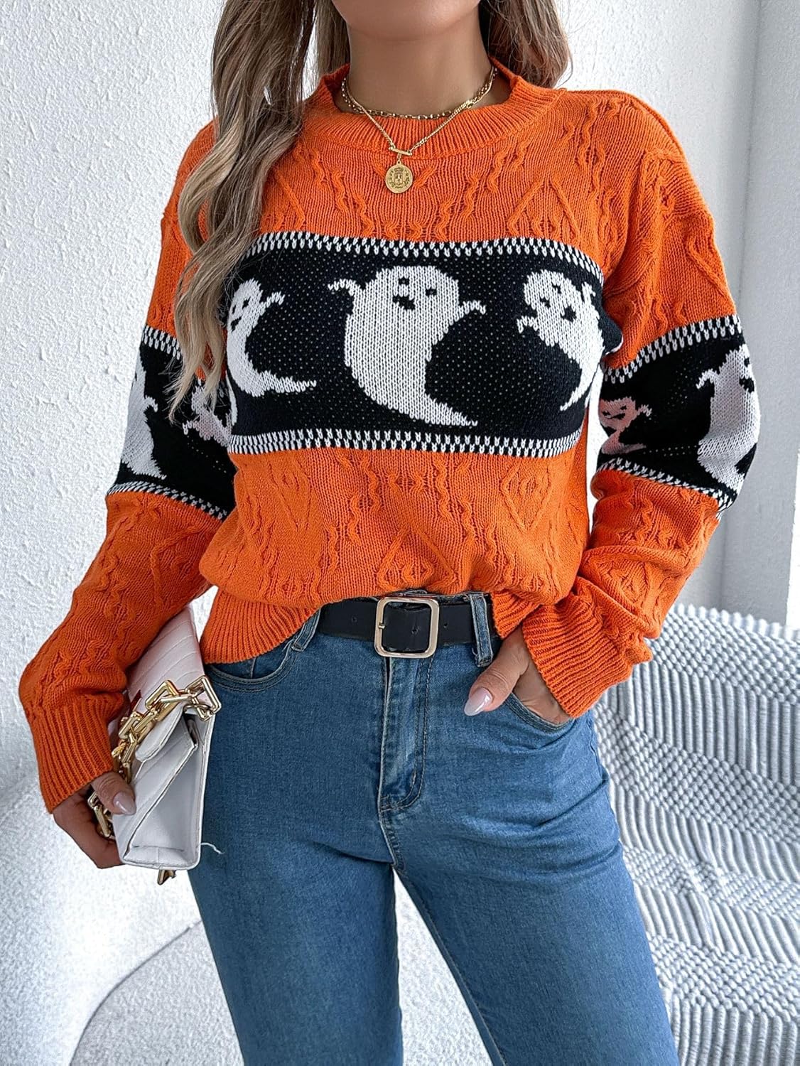 Women's Pullover Sweaters Tops Long Sleeve Round Neck Casual Halloween Pumpkin Hollow Out Loose Sweaters - Image 3