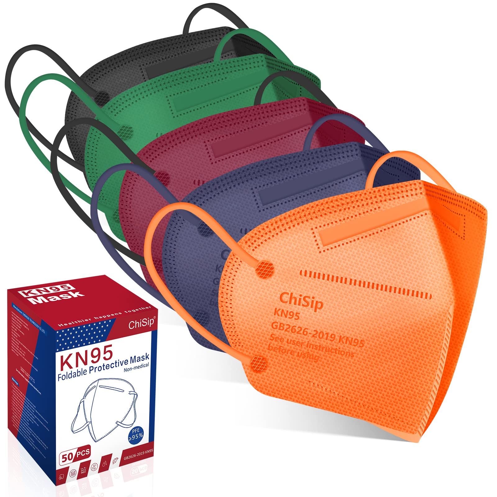 ChiSip Disposable KN95 Face Mask 50 Pack, 5 Layer Cup Dust Safety Masks