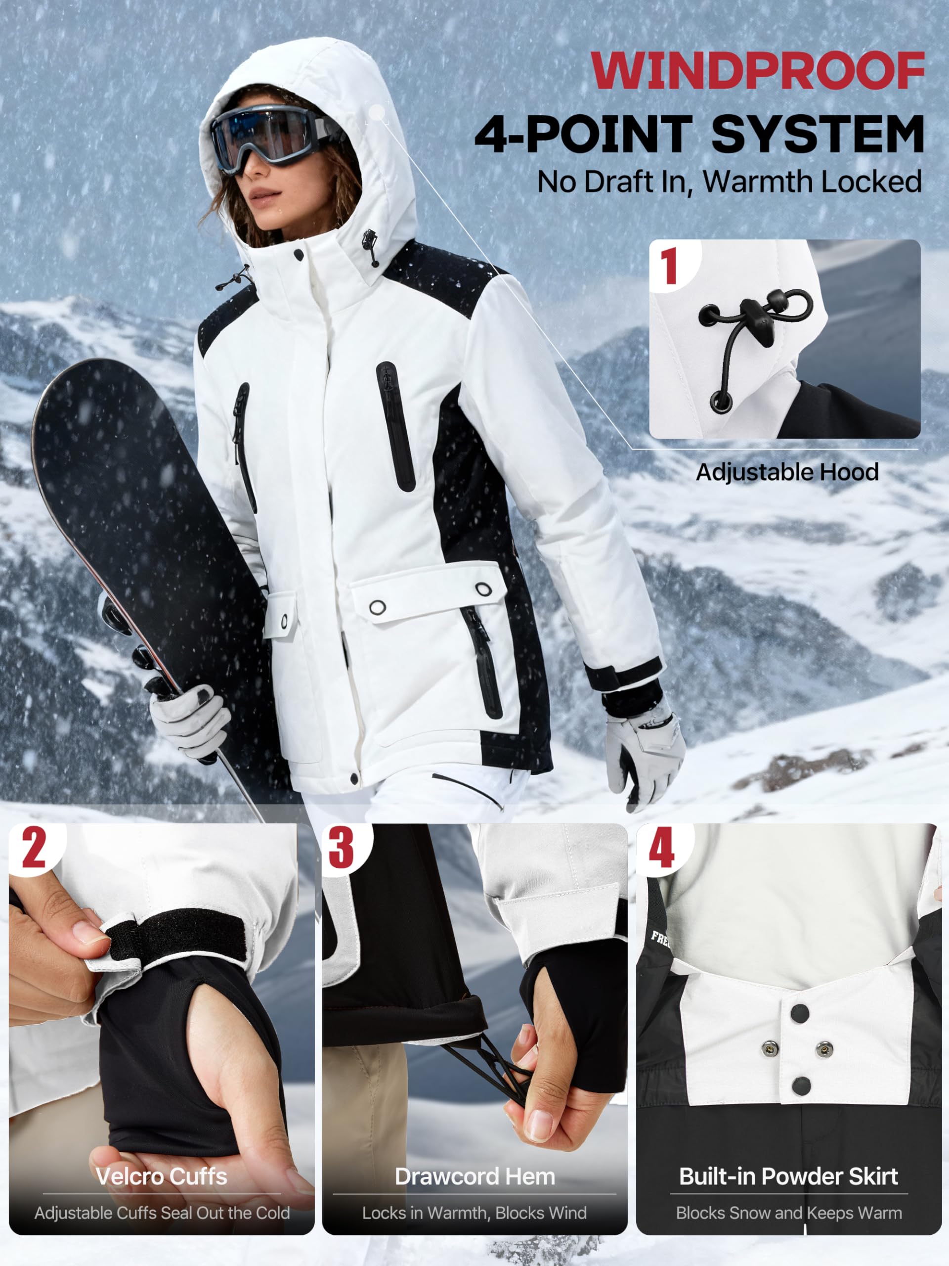 FREE SOLDIER wasserdichte Damen Schneejacke Warm Fleece Gefüttert Winter Regenjacke mit Kapuze Voll verschweißte Nähte