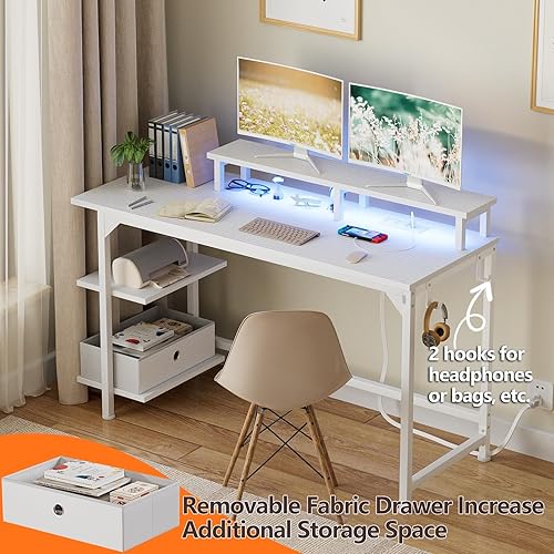 Miniatura 7 de Furologee Escritorio blanco con tomas de corriente y luces LED, escritorio de juegos de oficina de 47 pulgadas con estantes y cajón de tela, mesa de