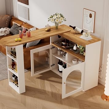 Extendable Bar Table with 2 Doors and LED Light 360° Rotating Dining Table with Storage Space Sideboard Bar Table Kitchen with Open Compartment Kitchen Cabinet Bar Cabinet for Dining Room White 138-193 x 39 x 105 cm