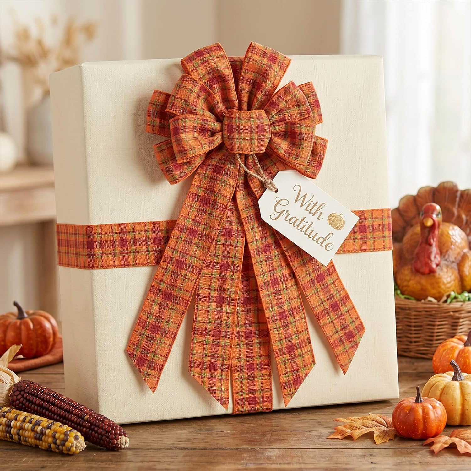 YKW Large Fall Wreath Bow, 20 Inch Orange Plaid Burlap Bow for Wreaths Farmhouse Autumn Thanksgiving Decorative Hanging Ornament for Front Door Indoor Outdoor Holiday Decorations