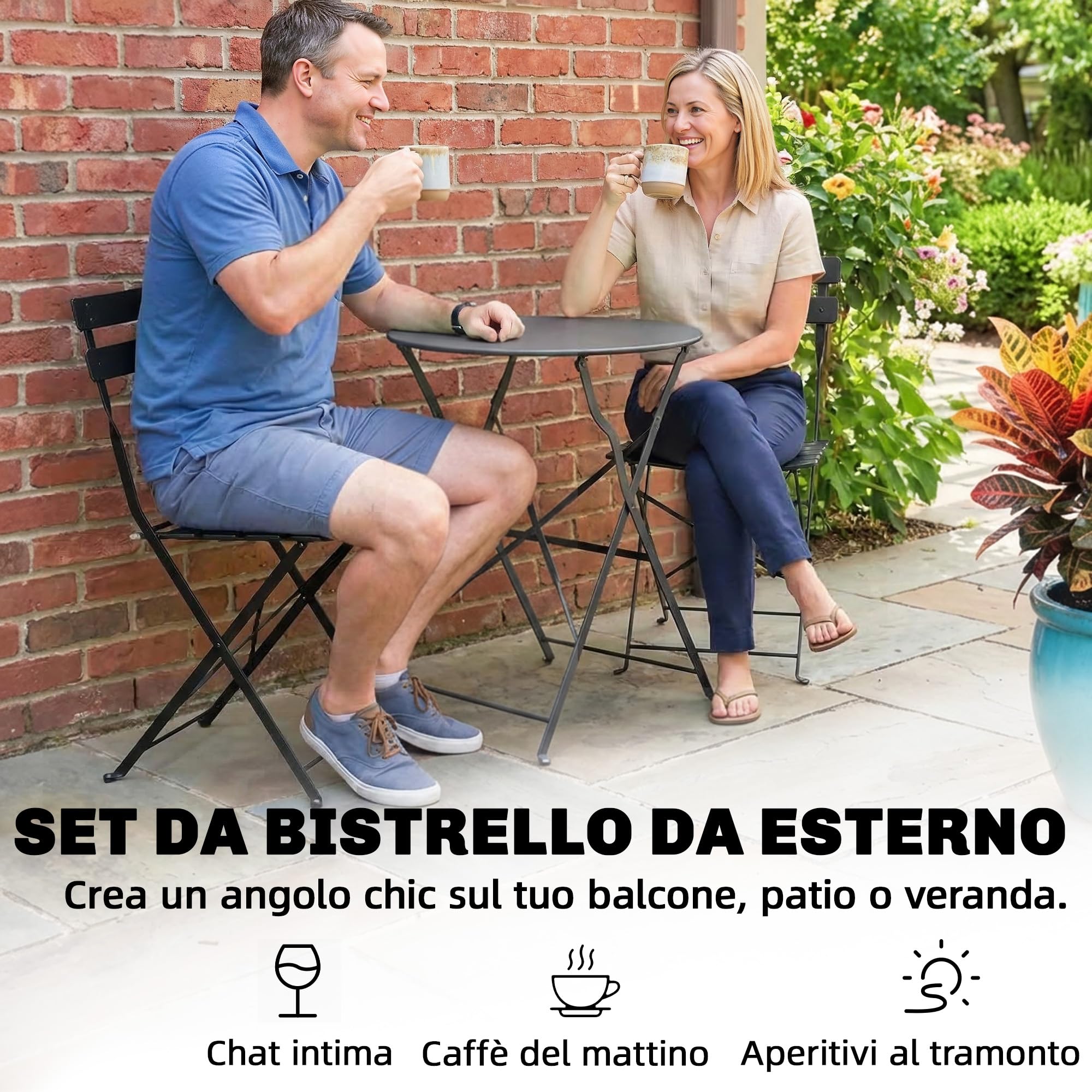 Outsunny Set da Bistrò da 3 Pezzi Pieghevole, Set da Giardino con 2 Sedie, Tavolo, Set di Mobili da Giardino in Metallo, per Patio Balcone, Nero