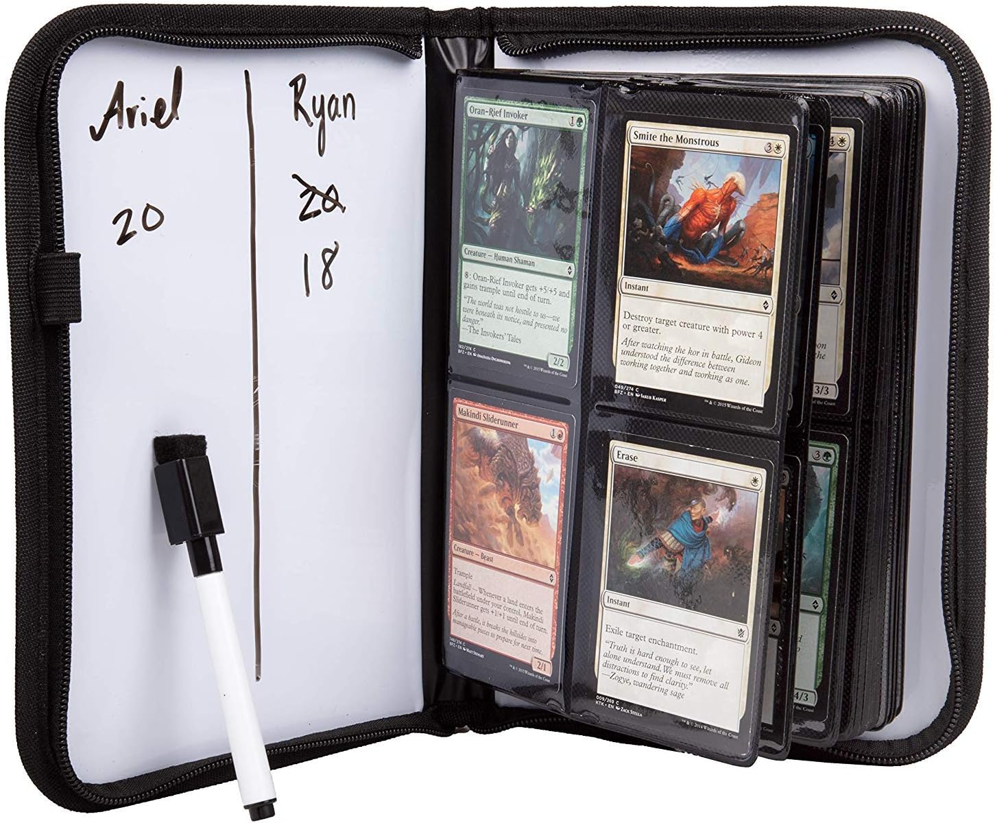 Monster Deluxe 4 Pocket Trading Card Leather Album - Zipper Closure, Built-in Dry Erase Boards and Marker, Side Loading Padded Double Sided Pockets, Holds 160 Cards, For Sport, Gaming, Kpop, Gift
