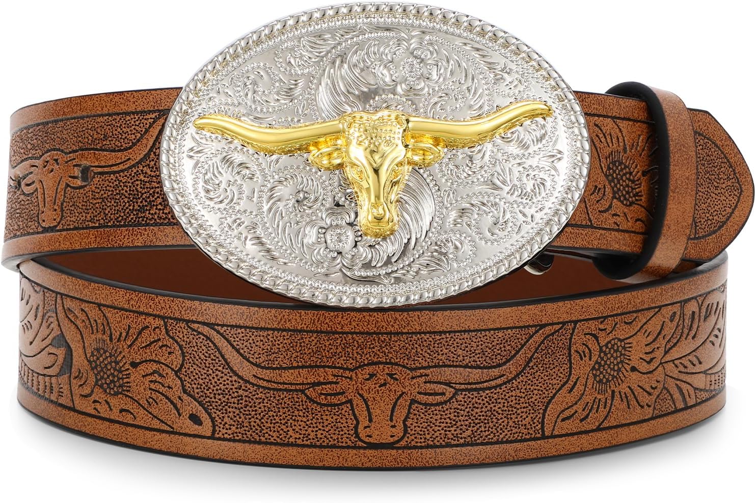 SUOSDEY Kids Western Cowboy Belt for Boys Girls,Toddler Cowgirl Embossed Leather Belt with Longhorn Bull Buckle