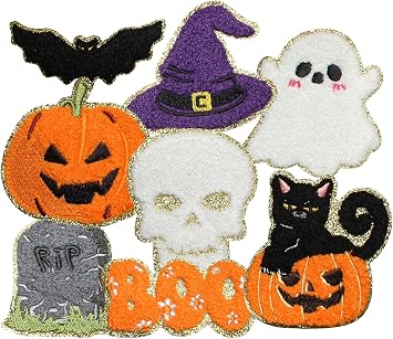 8PCS Chenille Halloween Boo Iron on Patches, Cute Skull Witch Bat Pumpkin Glitter Ghost Embroidered Applique for Clothes, Custom Holiday Patches for Hats, Jackets, Bags, Backpacks, Dress