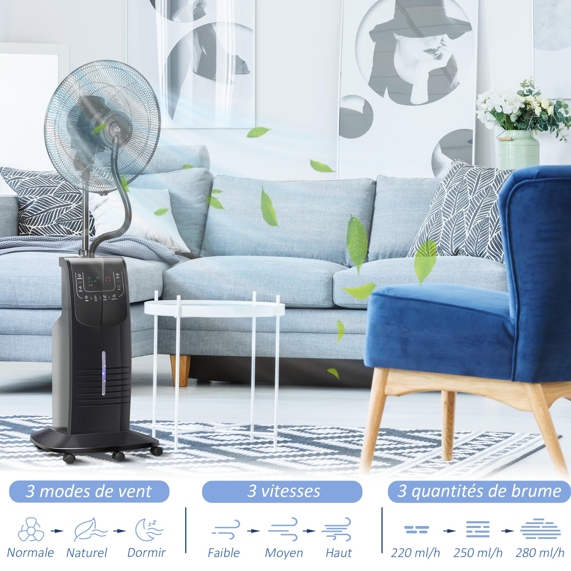 HOMCOM Ventilateur brumisateur silencieux 90 W sur roulettes 135 cm noir | 3 Modes 3 Vitesses, Télécommande, Minuterie 12H, Oscillation à 70°, Écran LCD