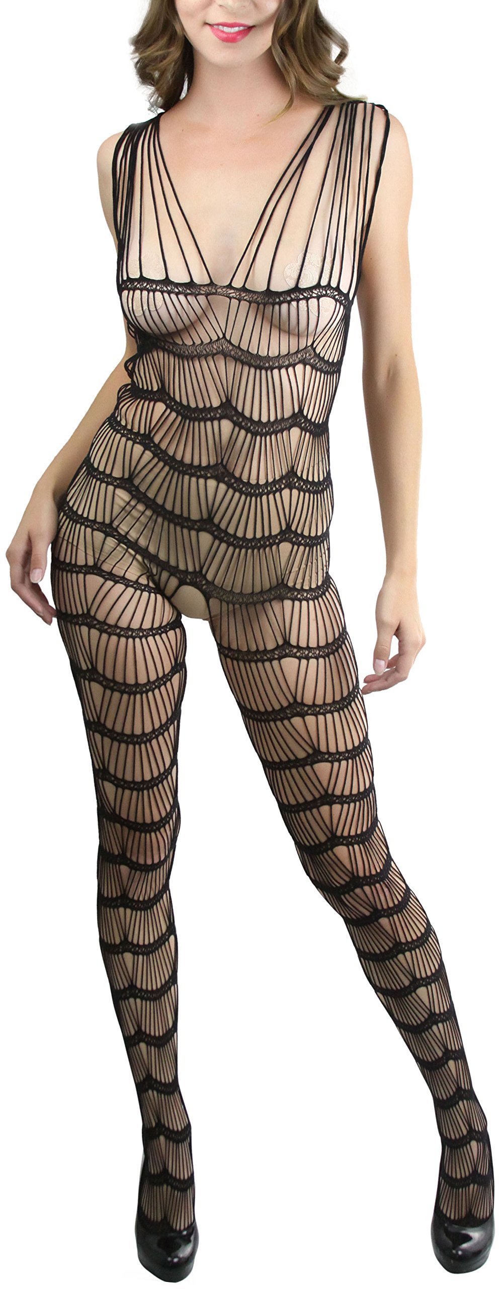 ToBeInStyle Women’s Bodystocking Crotchless Peek-A-Boo Fishnet Lace Bodysuit