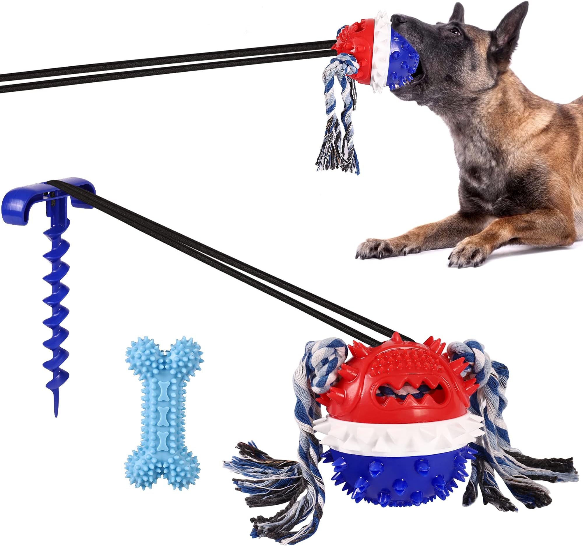 Interactive Tug of War Dog Chew Toy Outdoor w/ Molar Bite Squeaky Toys Ball and Stake, w/ Teeth Cleaning and Food Distribution Functions, Pet Aggressive Chewers Molar Bite Squeaky Ball Puzzle Toys