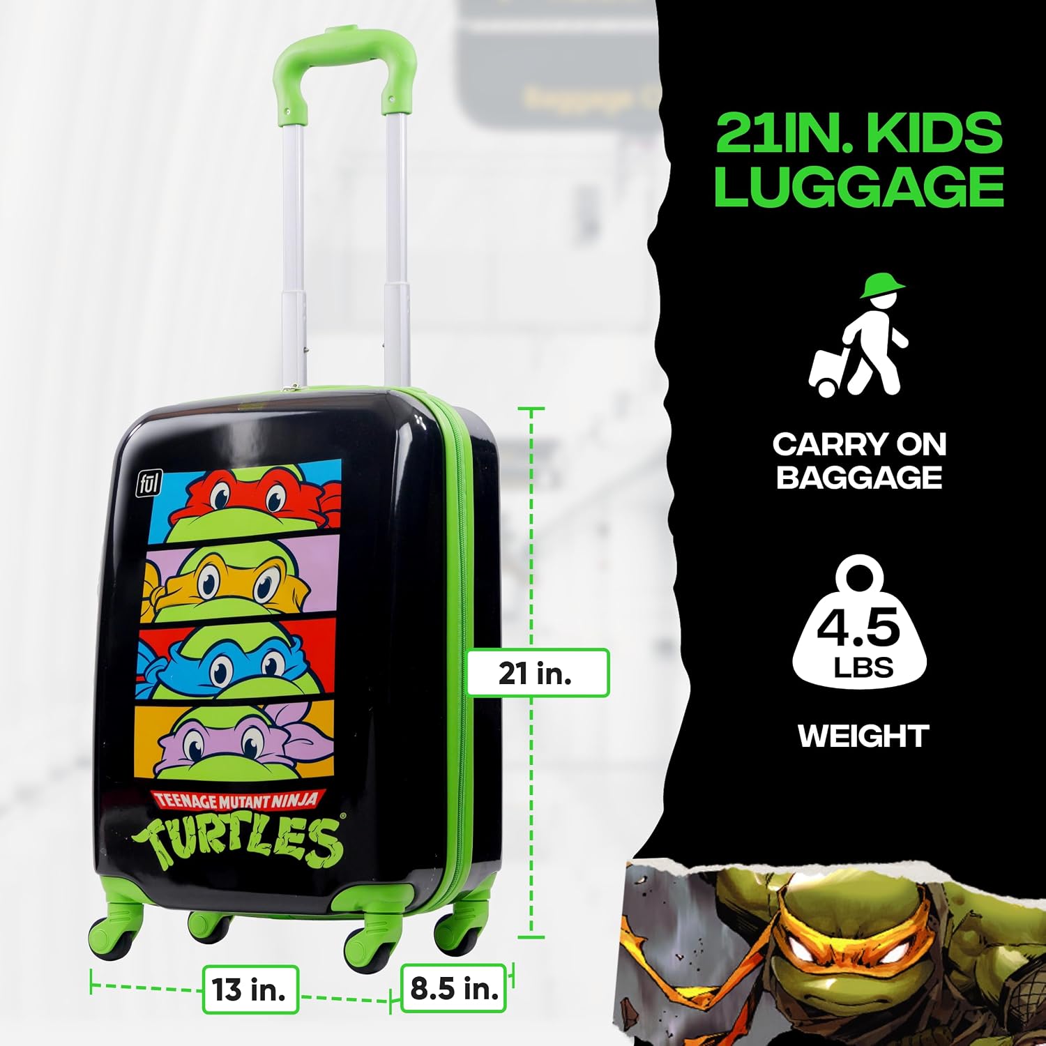 FUL Teenage Mutant Ninja Turtles 21 Inch Kids Carry On Luggage, TMNT Hardshell Rolling Suitcase with Spinner Wheels, Multi