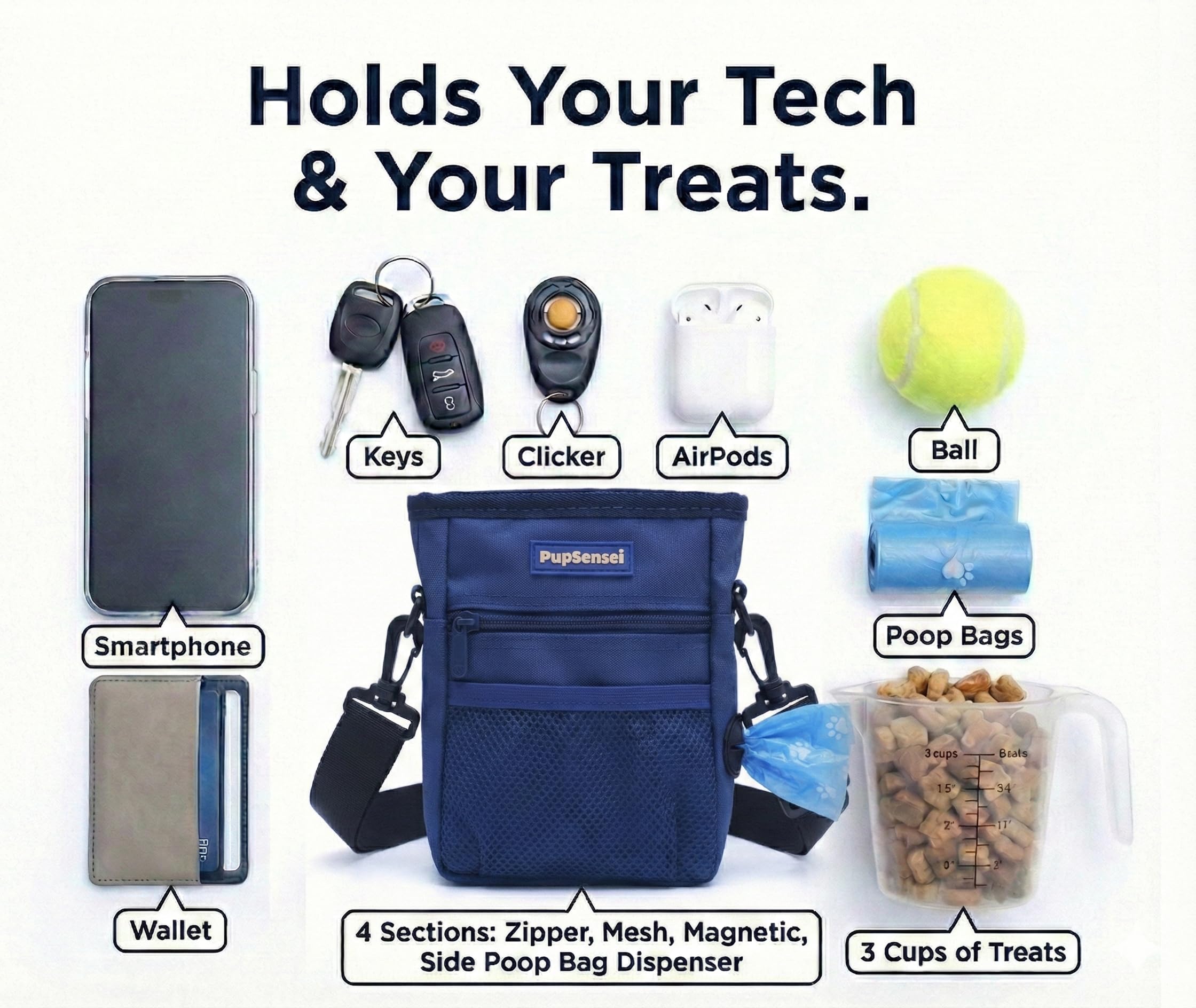 Dog Treat Pouch for Training – Magnetic Dog Treat Bag with Belt Clip & Poop Bag Dispenser – Hands Free Carry Pouch with Auto-Close Access & Shoulder Strap – Durable Pet Gear – Navy Blue - image 5