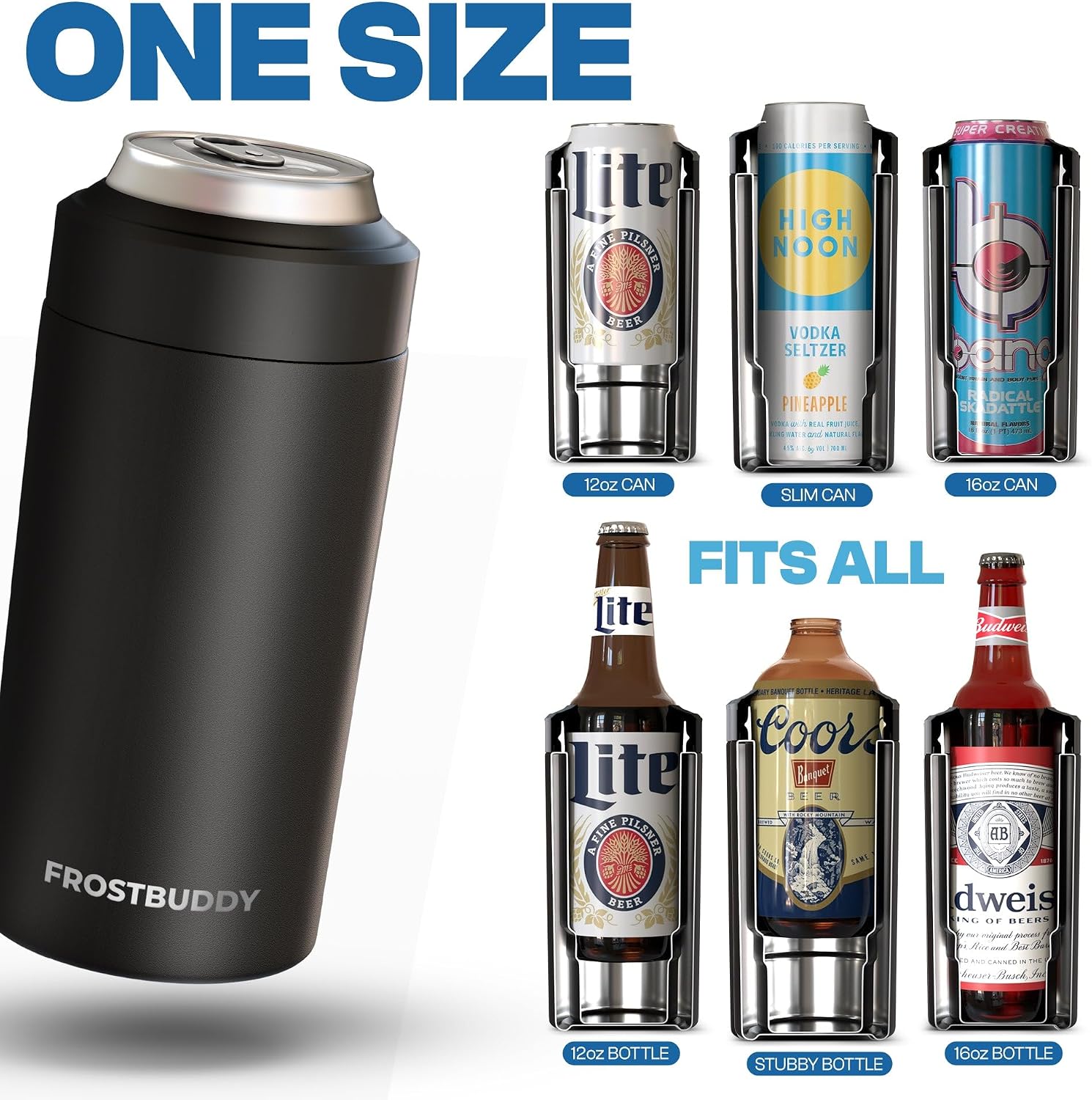frost buddy universal can cooler - fits all - for regular 12 & 16 oz or slim-size bottles - insulated double-walled stainless steel (royal)