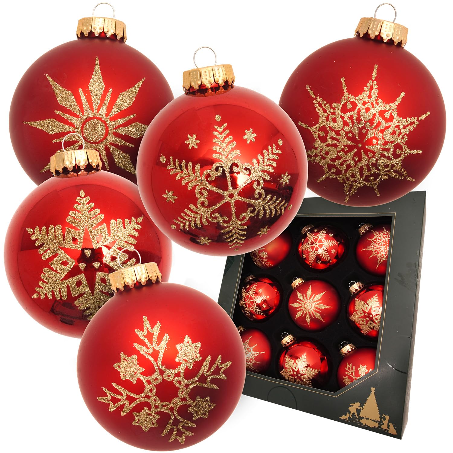 Krebs Glas Lauscha - Décoration de Noël/décoration de sapin de Noël en verre - Boules de Noël brillantes/satinées - Couleur : rouge - 9 pièces - Dimensions : environ 8 cm
