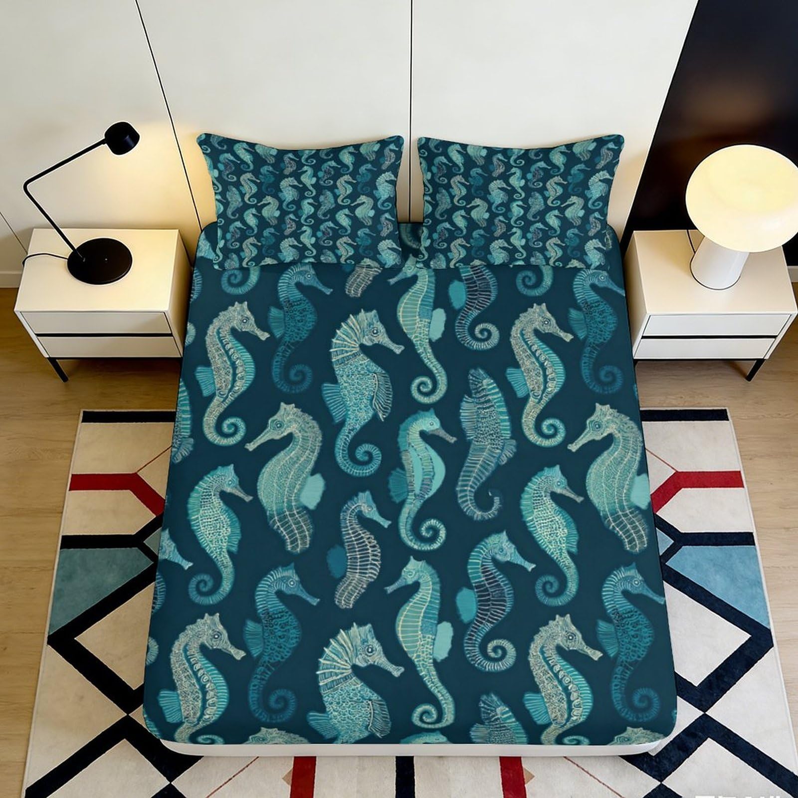 3D Printed Seahorse Pattern Fitted Sheet Microfiber Soft Durable Ocean Design Bed Cover for Bedroom Dormitory Guest Room Mattress Protection 120x200x25cm