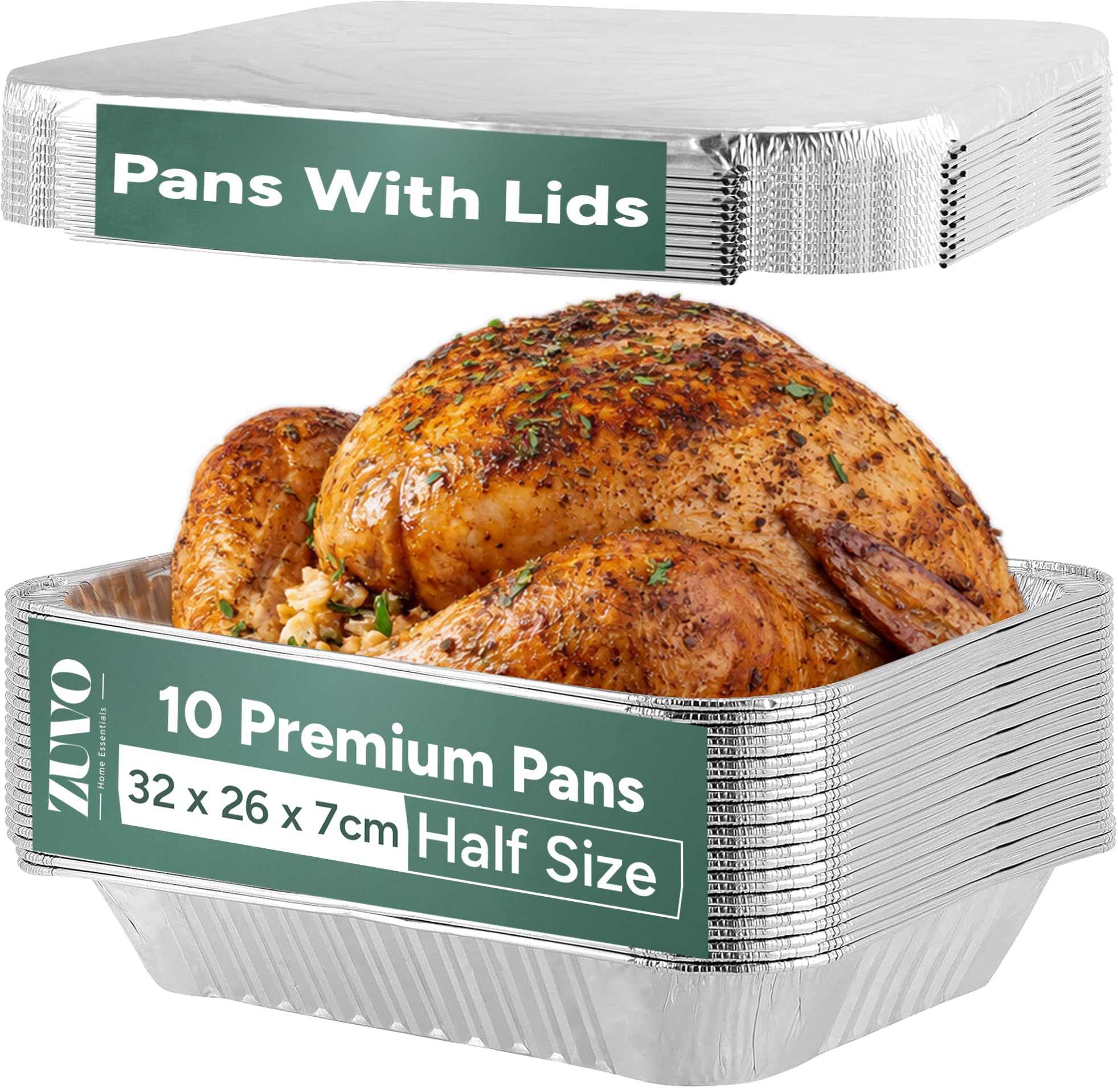 Zuvo Large Aluminium Foil Trays with Lids – Pack of 10 | Aluminium Lids (Not Paper) | 32 x 26 x 7cm (9 x 13 Inch) | Oven, Freezer & BBQ Safe