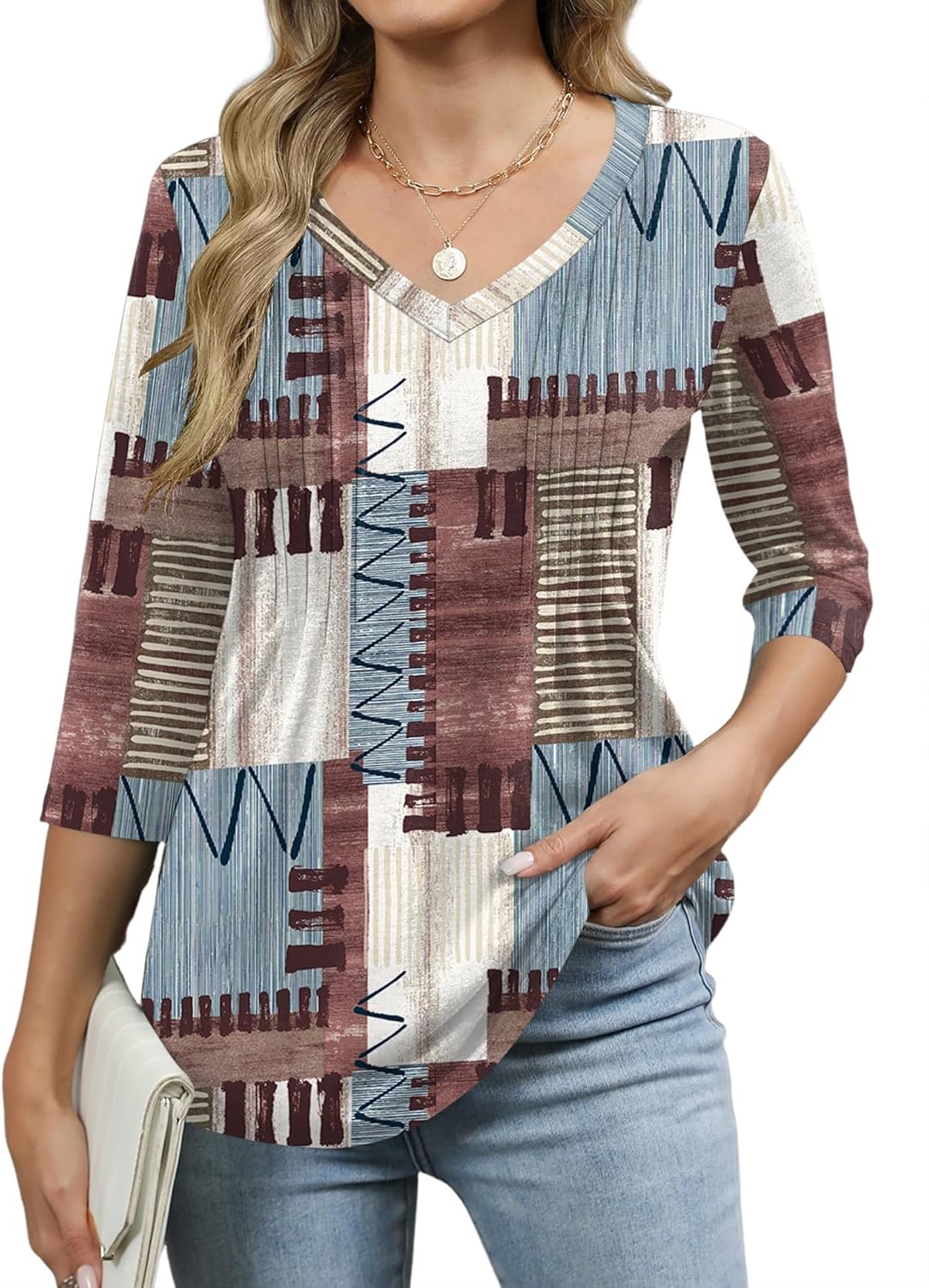 Romanstii Shirts for Women 2026 Spring 3/4 Length Sleeve Womens Tops Dressy Casual Pleated Blouses V Neck Tee Shirts S-3XL