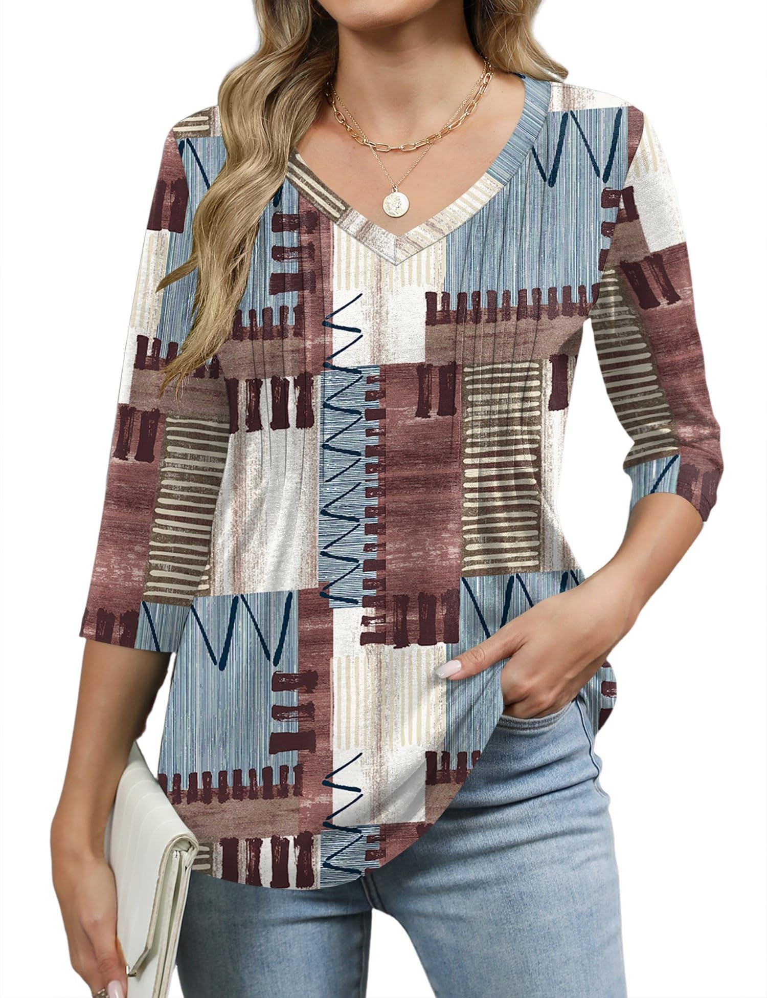 Romanstii Shirts for Women 2025 Summer 3/4 Length Sleeve Womens Tops Dressy Casual Pleated Blouses V Neck Tee Shirts S-3XL