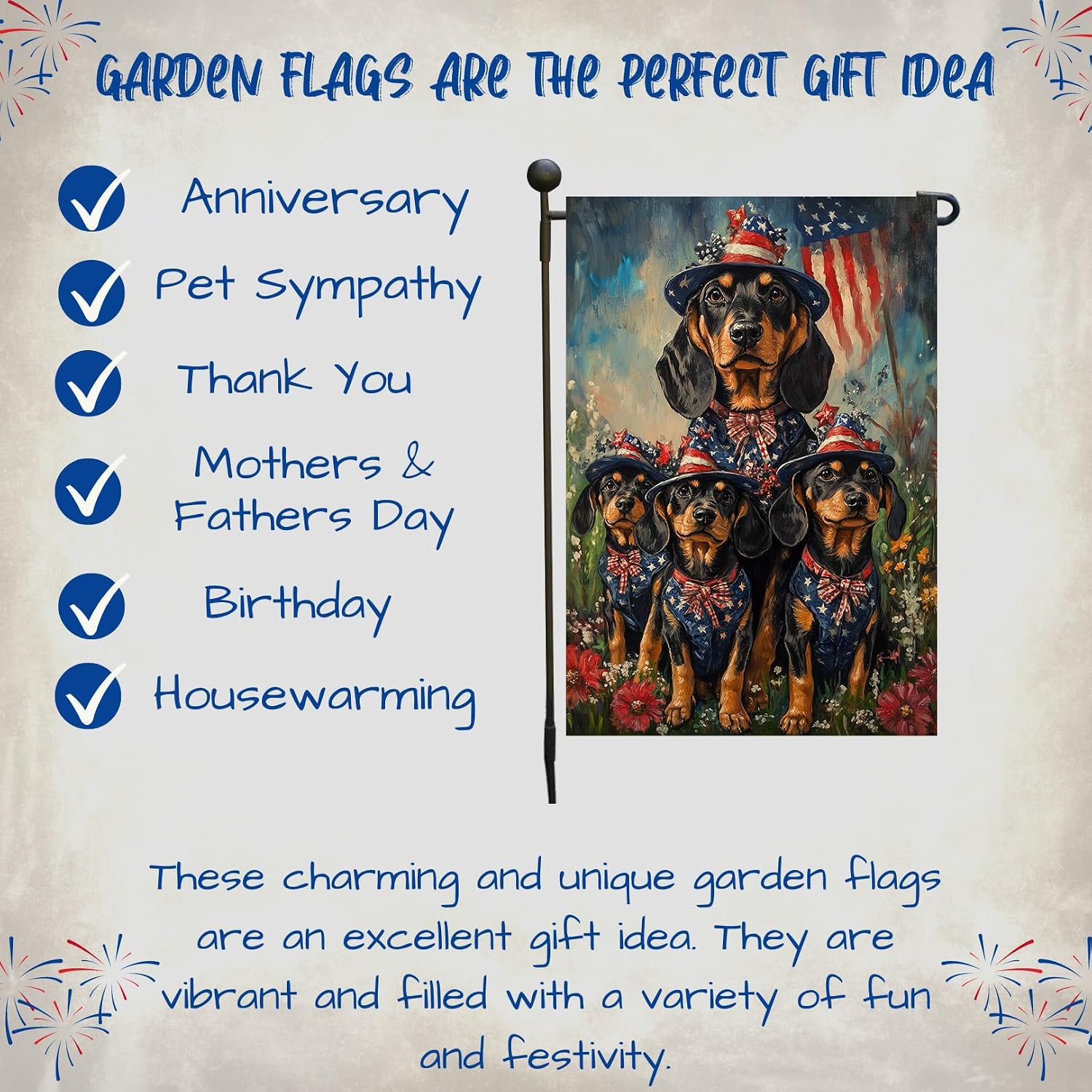 Bluetick Coonhound Dog 4th of July Garden Flag – Personalized Patriotic Yard Decor with Cute Dogs Independence Day Flowers Outdoor Decoration for Lawn, Porch or Patio, 12 1/2"w x 18"h, Double Sided