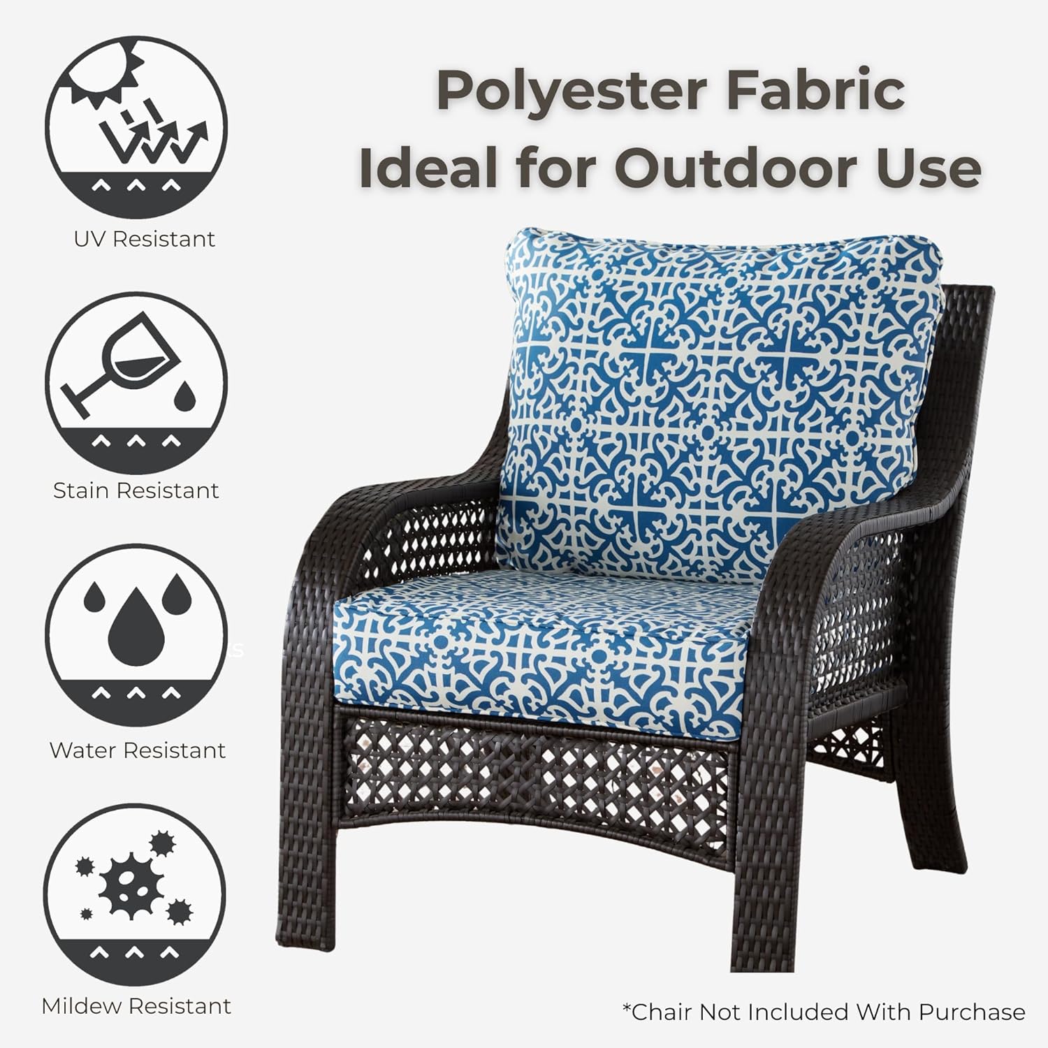 Outdoor Deep Seat Cushion Set 24x24 Seat + 28x22 Back – Dacron Wrapped Foam Core, Removable Zipper Seat Cover, Corded Trim, Patio Lounge Replacement Cushion with Ties, Indigo Lattice