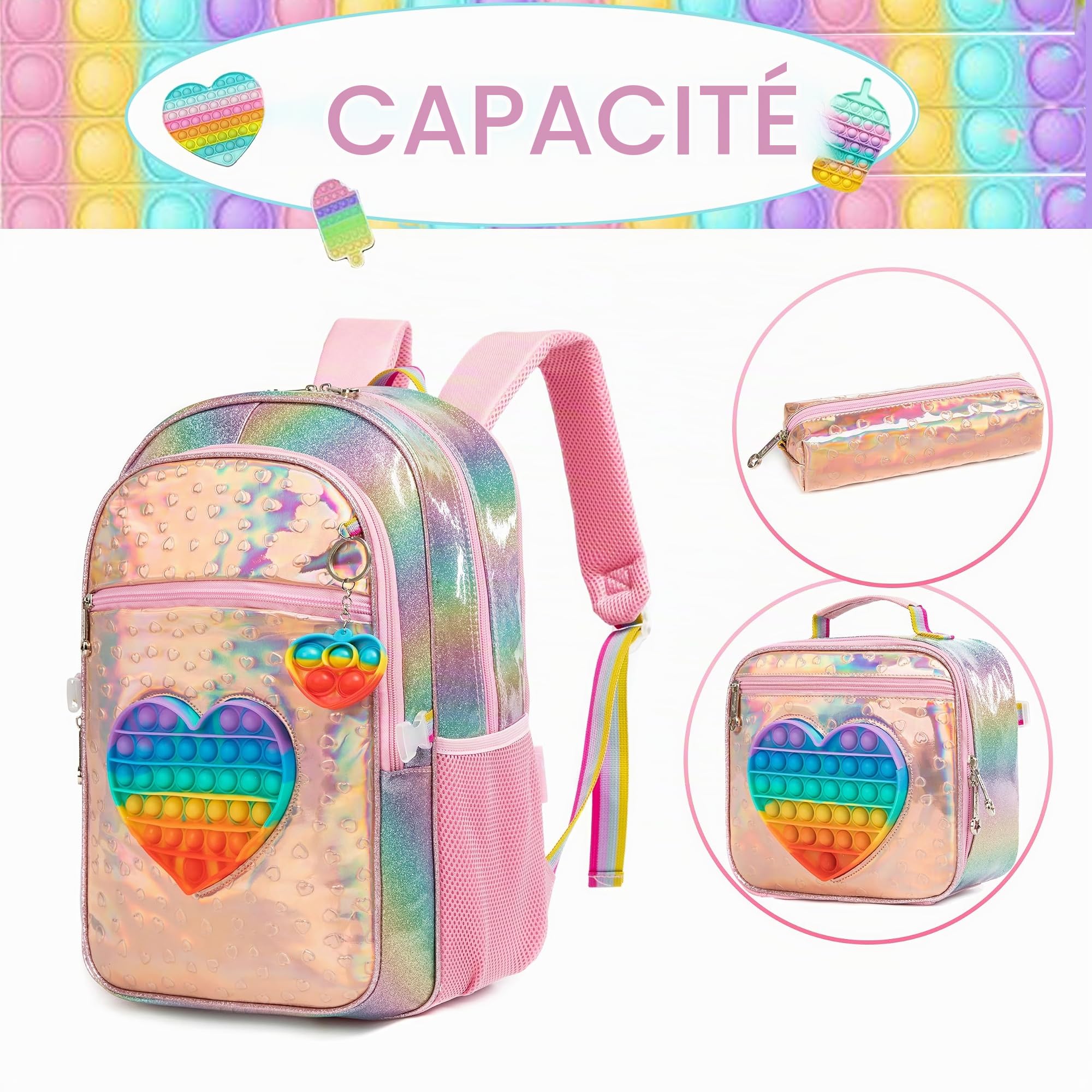 HTgroce Cartable Fille Primaire Cartable Licorne Sac à Dos Filles Enfants Elementaire Sacs Scolaires de 3 Pieces avec Sacs à Lunch et Trousse pour CP