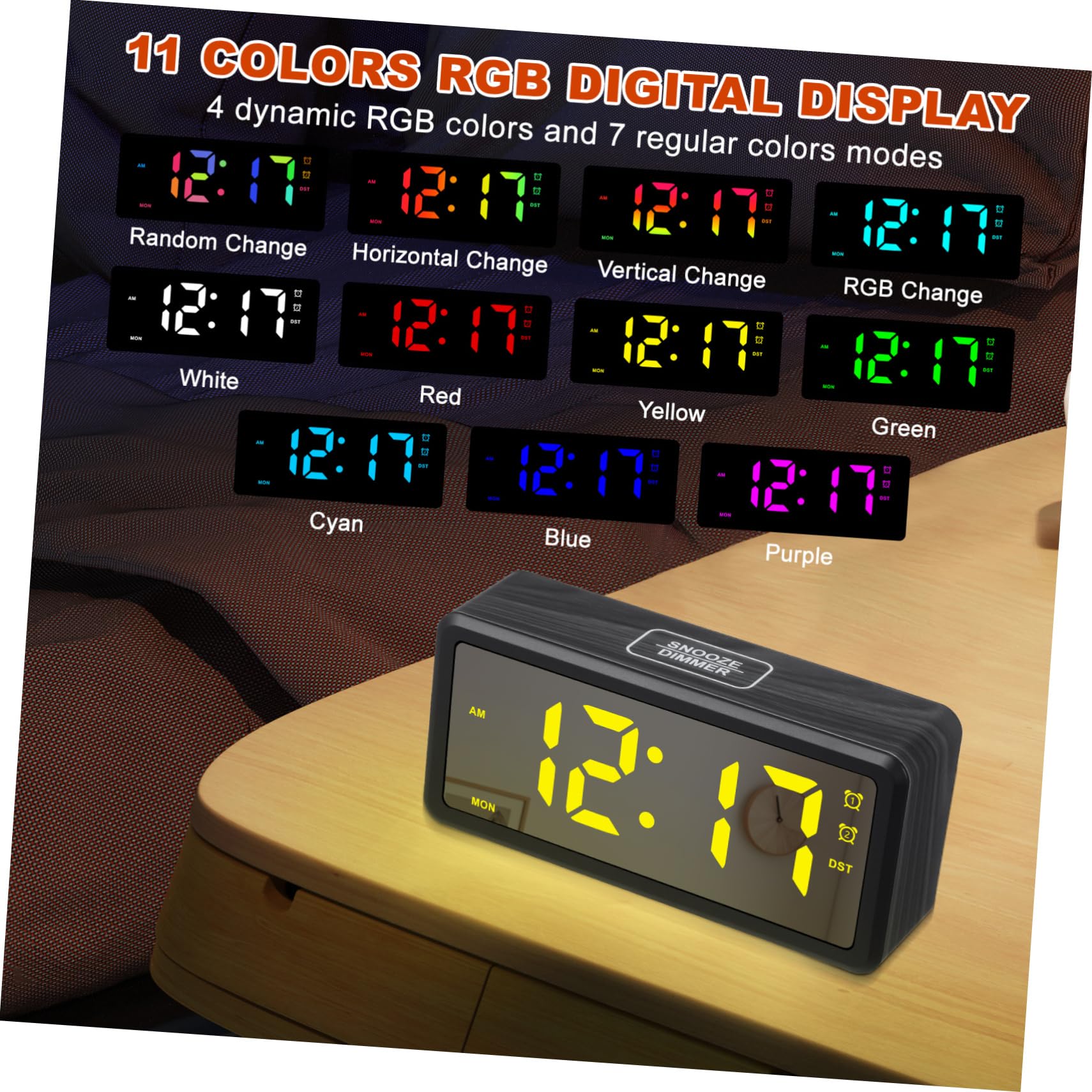 TOPBATHY Orologio in Legno Led Con Illuminazione Rgb Display Ampio e Modalità Legale Per Camera Da Letto e Ufficio