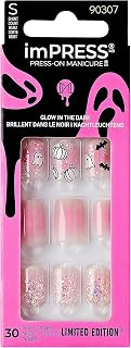 KISS imPRESS Press-On Manicure Halloween, Pink, Short Length, Square Shape, PureFit Technology, Chip Proof, Smudge Proof, Waterproof, Prep Pad, Mini Nail File, Manicure Stick & 30 Fake Nails