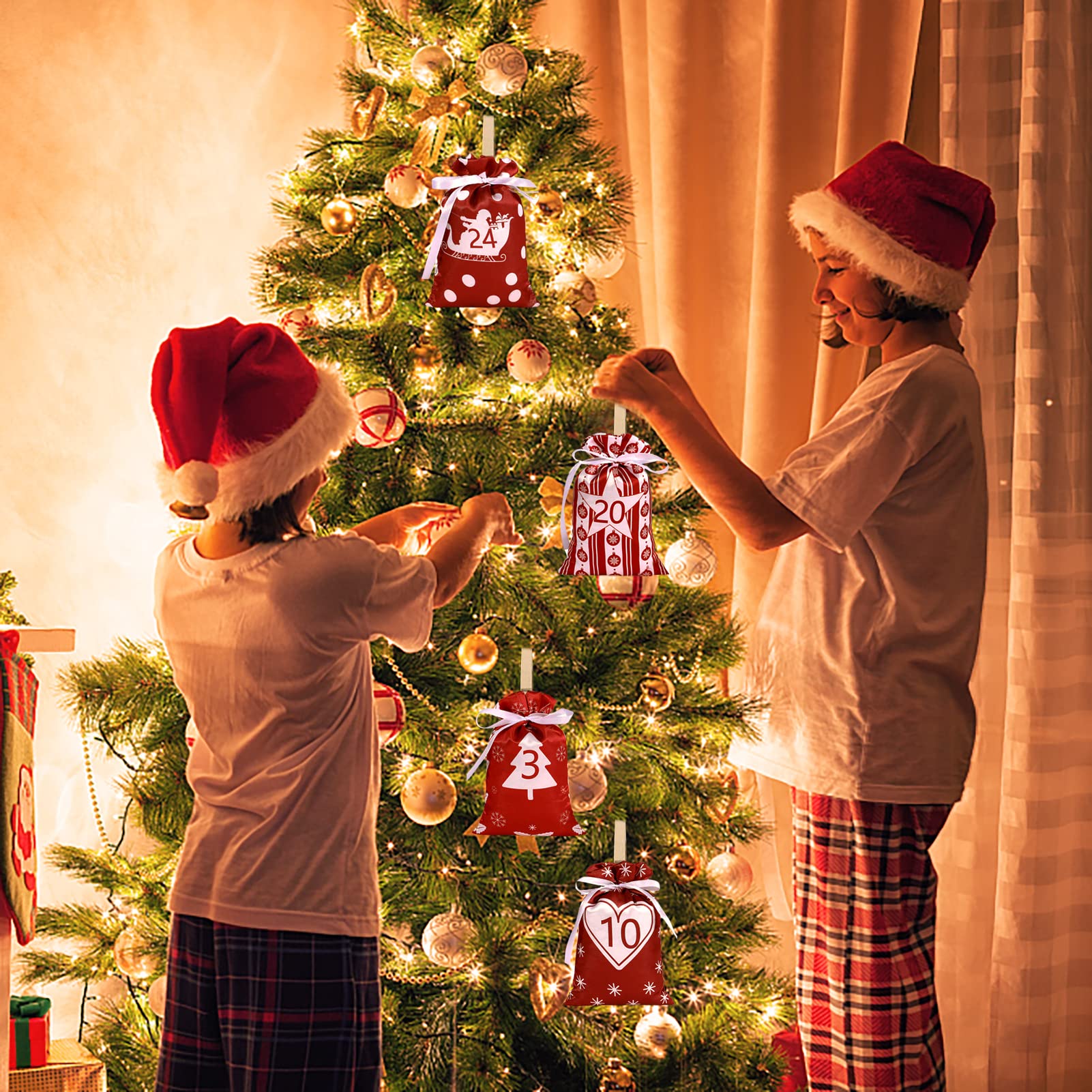 5 sacchetti per calendario 'Avvento, calendario natalizio con | conto alla rovescia, regalo con coulisse, materiale satinato e design natalizio, buon effetto decorativo per