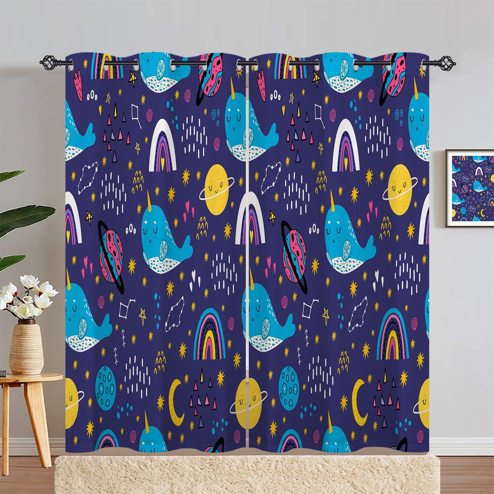 ANHOPE Whale Curtains Eyelet 80% Blackout Room Darkening Curtains with Space Planet Stars Moon Saturn Print Pattern Thermal Insulated Window Drapes for Bedroom Living Room 46 x 90 Inch Drop 2 Panels
