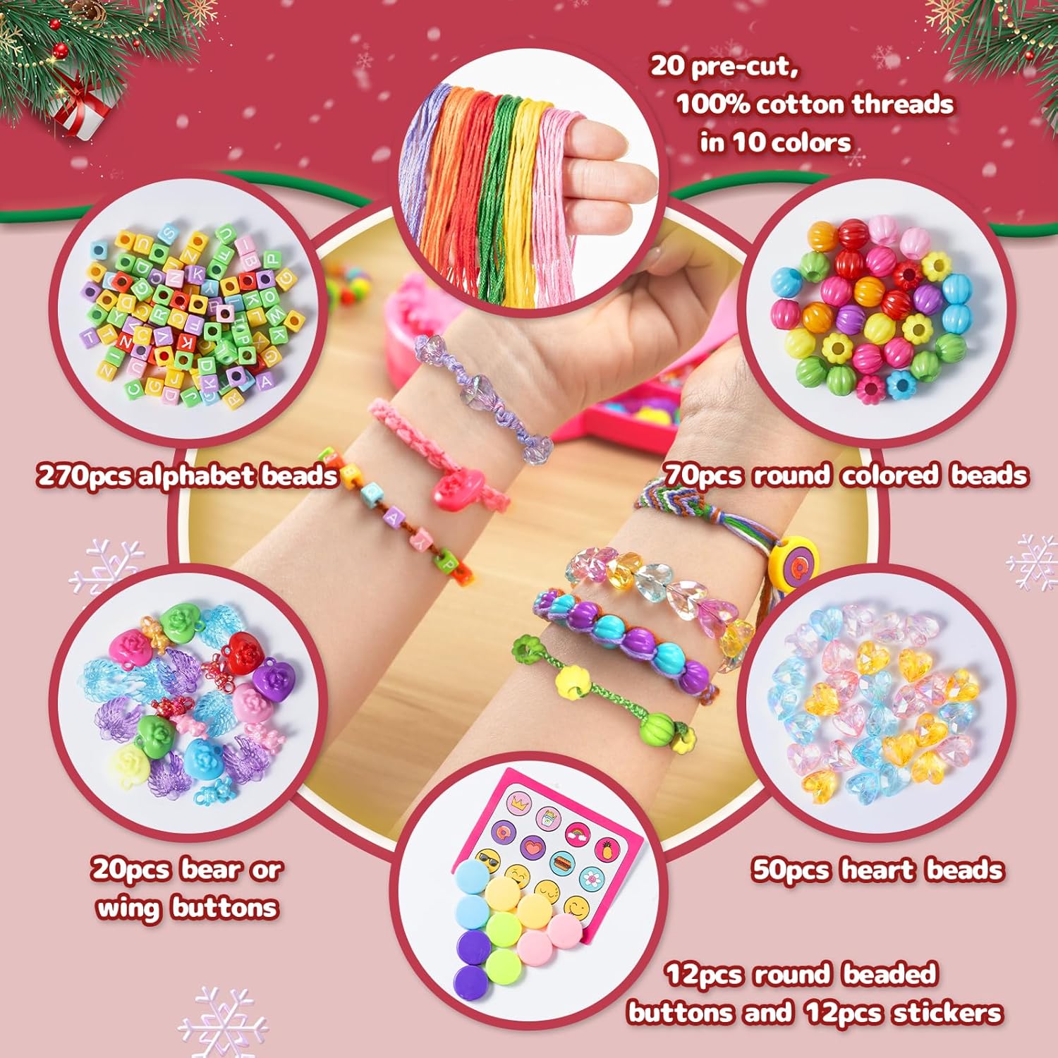 Close-up of various beads and threads included in the kit