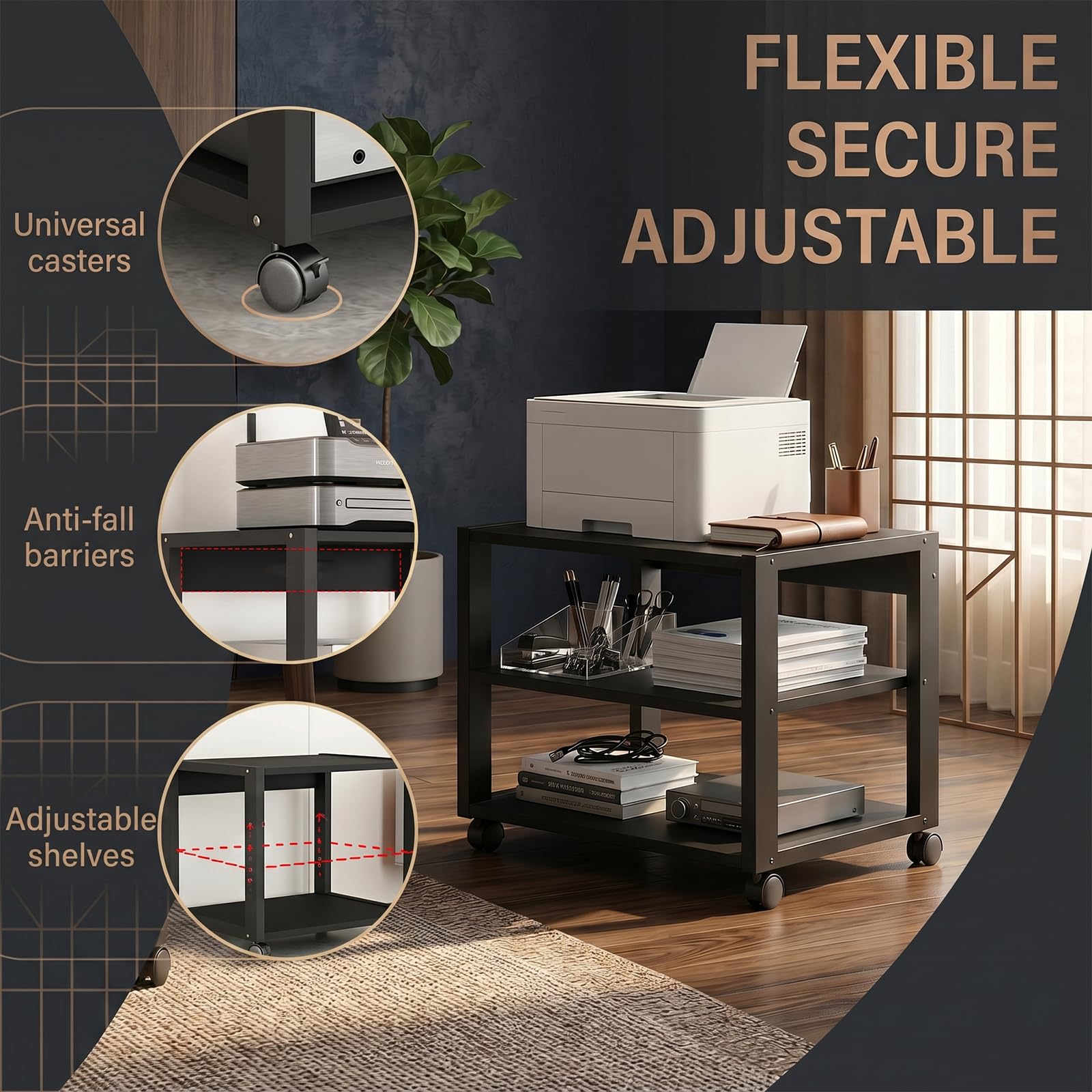 Mobile Hi-Fi Rack e Supporto Stampante 3D con Ruote, Scaffale Robusto a 3 Ripiani, 50x40x48,5cm Metallo e Legno Nero, Tavolino Porta Stereo e Carrello Ufficio sotto Scrivania Salvaspazio