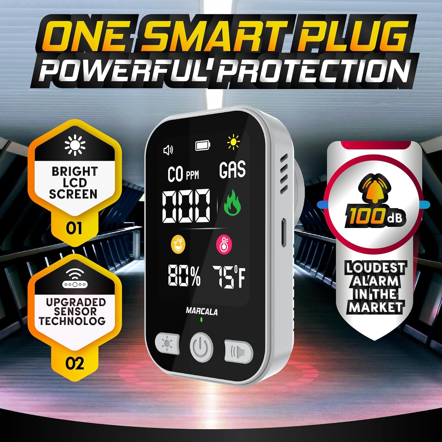 MARCALA 3-Pack Travel Carbon Monoxide Detector | 2026 V2.0 4-in-1 Natural Gas & Carbon Monoxide Detectors Portable | Wall Plug-in with Backup Battery for Power Outages | Temp, Humidity, Gas & CO Alarm - Image 2
