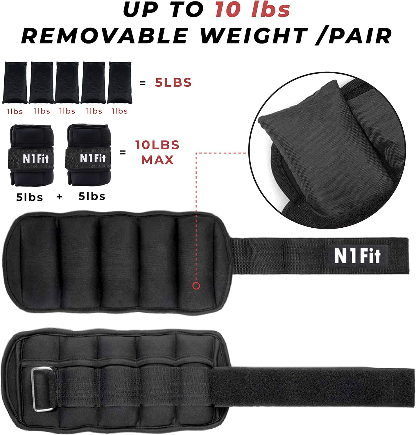 Ankle Weights Adjustable 1-10 lbs Wrist Weight Straps for Fitness, Leg Weights Walking, Jogging, Workout Ankle Weights for Women | 1-5 lbs Each Pack, 2 Pack