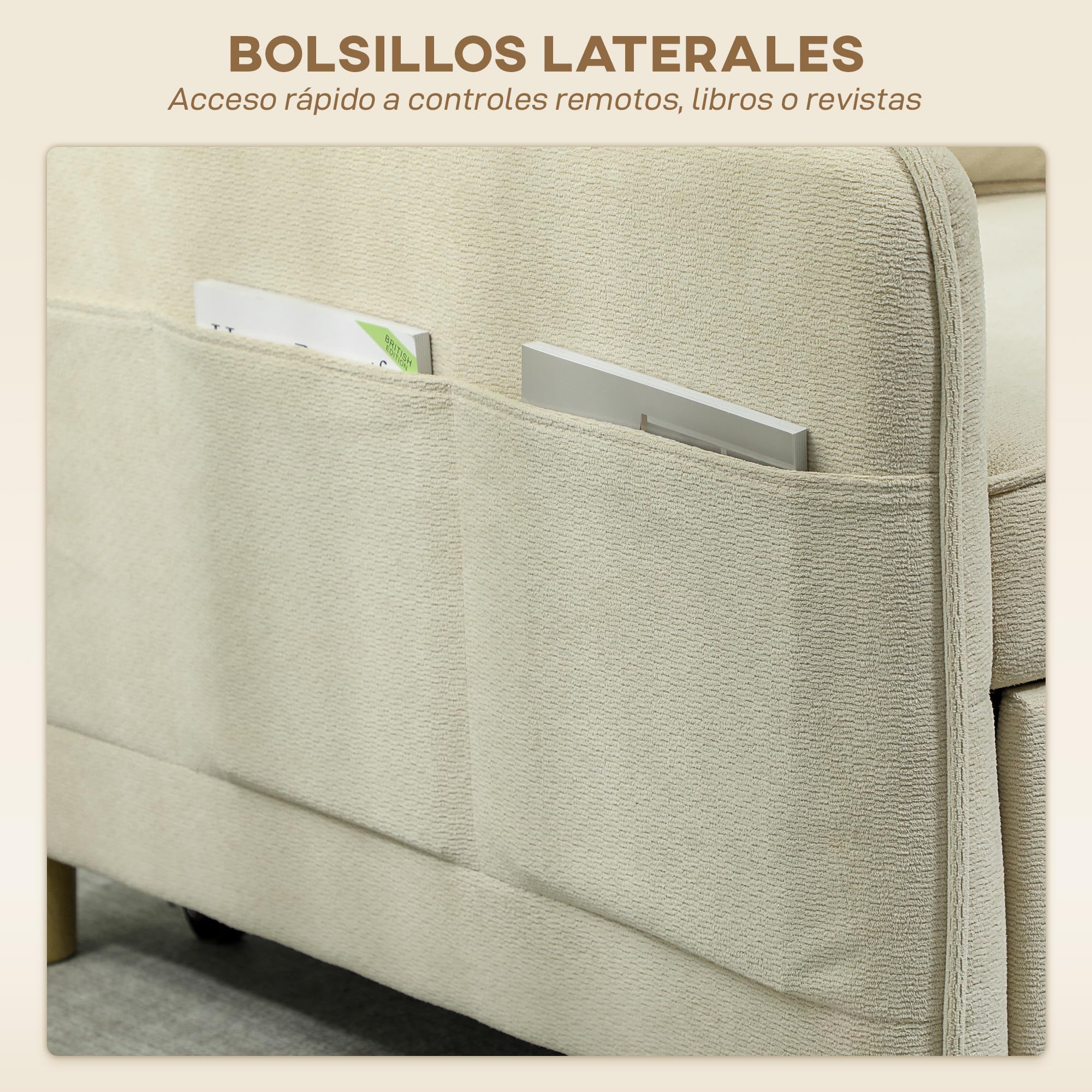 HOMCOM Sofá Cama de 1 Plaza 3 en 1, Sofá Cama Plegable Tapizado en Terciopelo Ecológico con Respaldo Ajustable 3 Niveles, 6 Bolsillos Laterales y Almohada, para Dormitorio, Salón, 74x85,5x82 cm, Beige