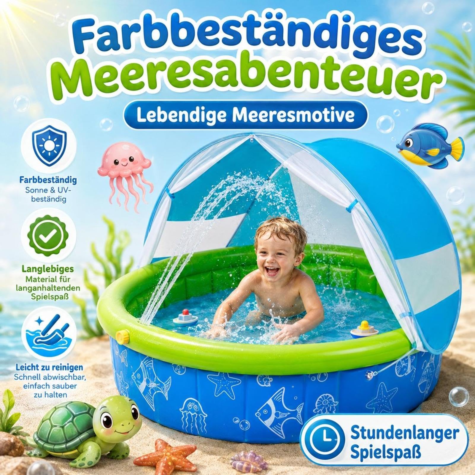 Kinderpool Mit Sonnendach - Faltbares Planschbecken | UV Schutzdach | 100 X 100 X 30 Cm - Faltbar Mit Tragetasche | UV Schutz Und Sichtfenster | Für Garten Camping Park Und Reisen