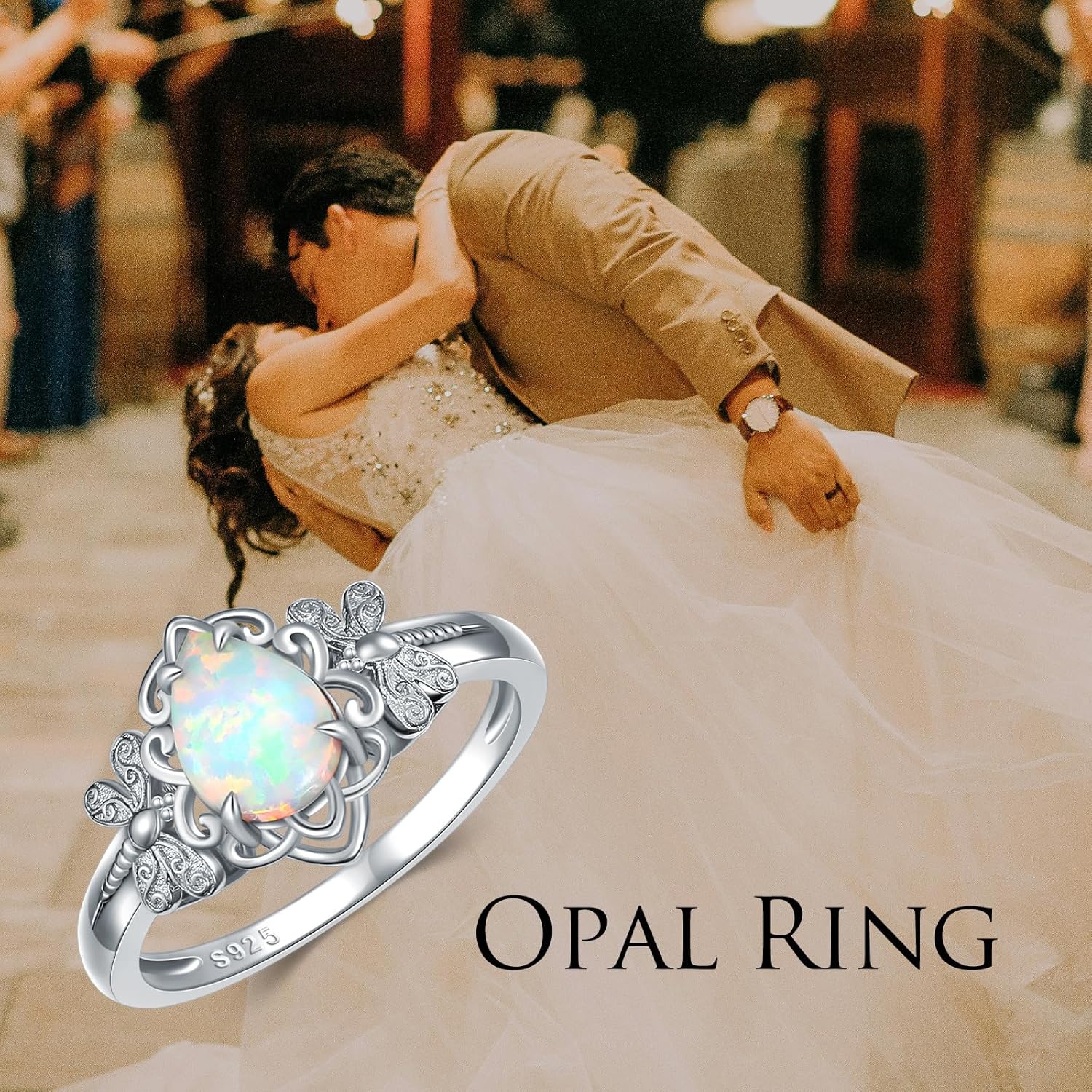 White Opal with Dragonfly/Butterfly Statement Ring 925 Sterling Silver Pear Cut 8 * 6MM Created Opal Ring for Anniversary Birthday Women Gifts Size 5-9 - Image 6
