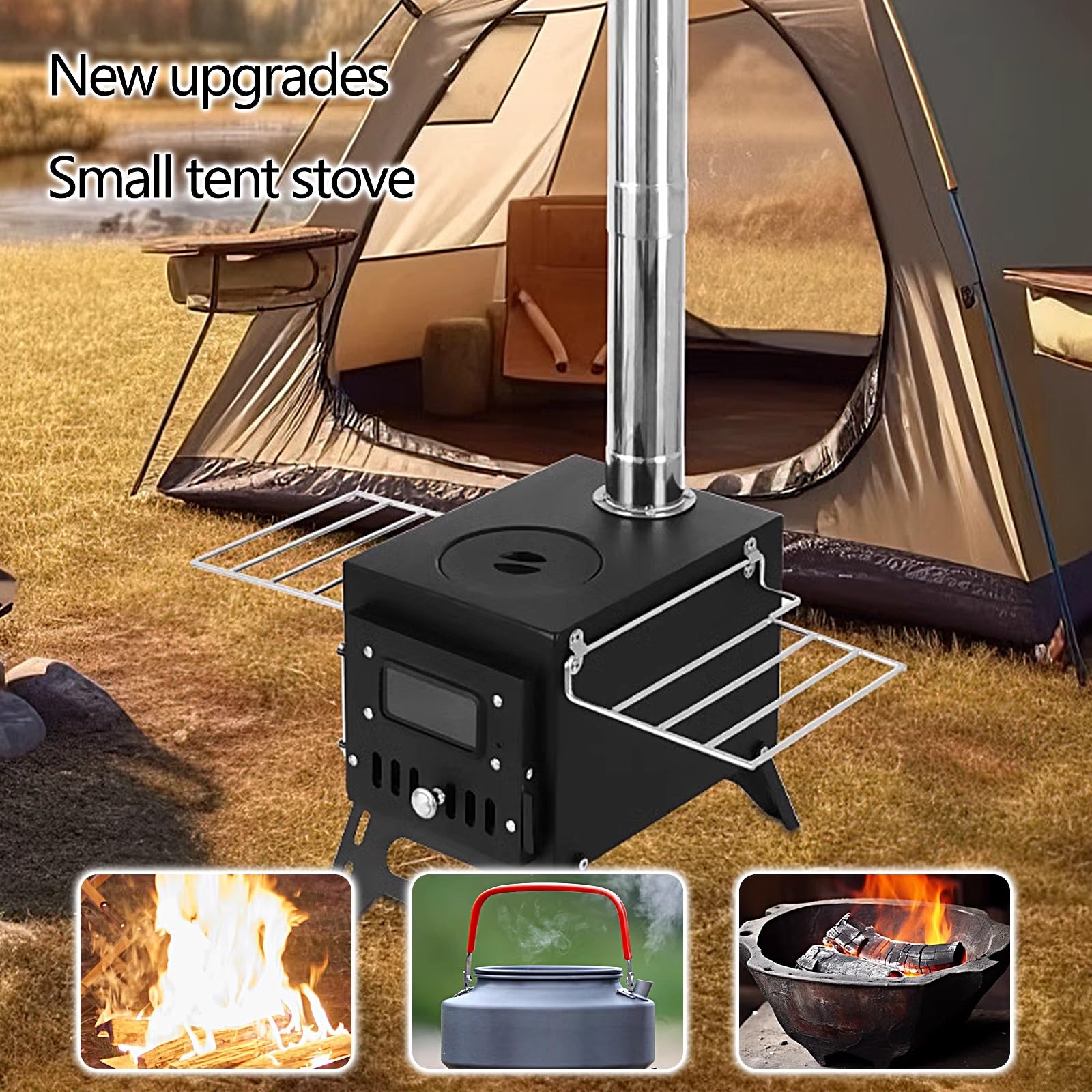 Camping-Zelt-Ofen, Holzofen, Tragbarer Holzofen for den Außenbereich, Zeltheizungen inklusive Kaminrohren und Sichtglas, Eisangeln, Grillparty, Reisen(Grey)