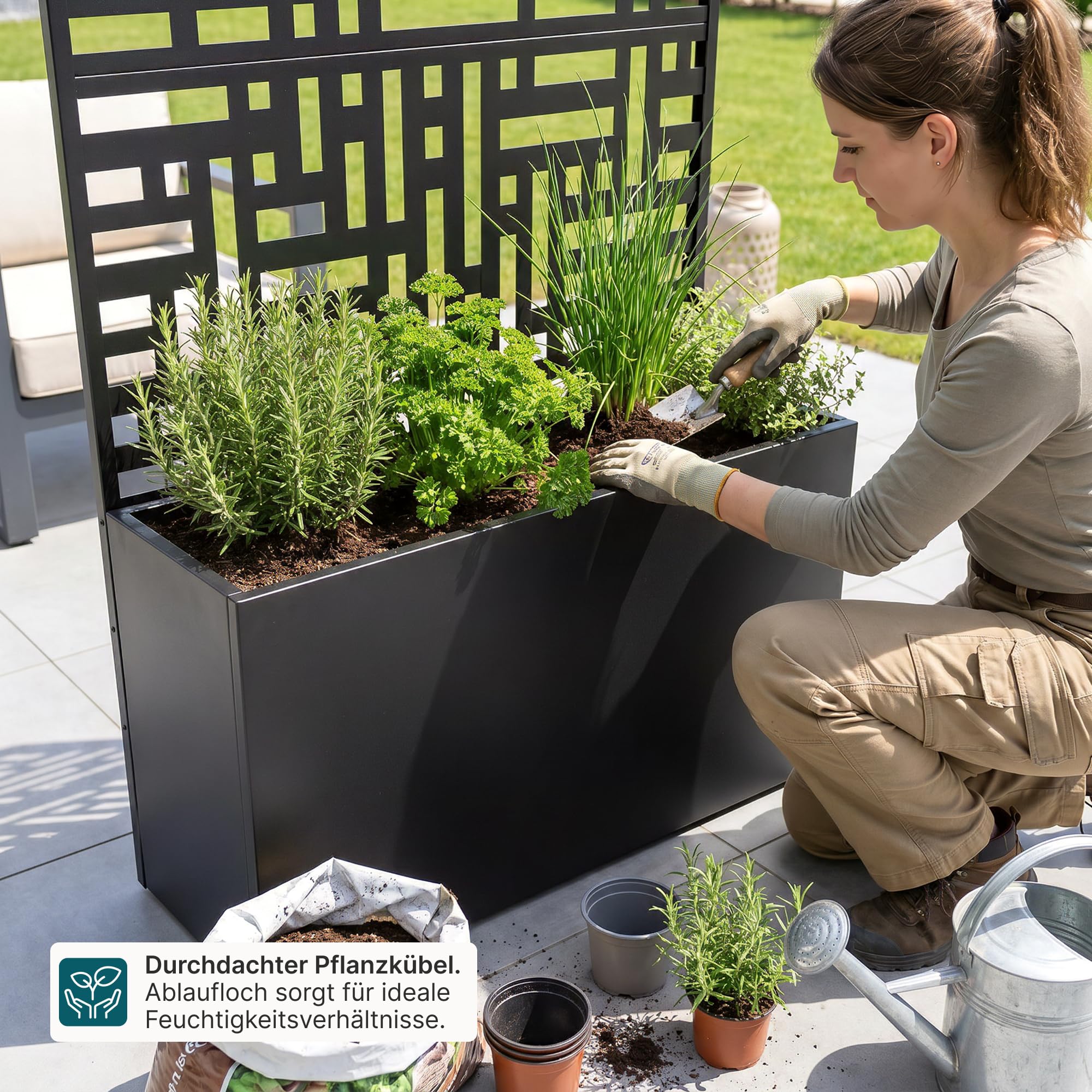 casa.pro Blumenkasten mit Sichtschutz Bernalda 146x83x31 cm Schwarz | Trennwand, Rankgitter, Metall, für Balkon, Terrasse, Pflanzkübel hoch, indoor, outdoor
