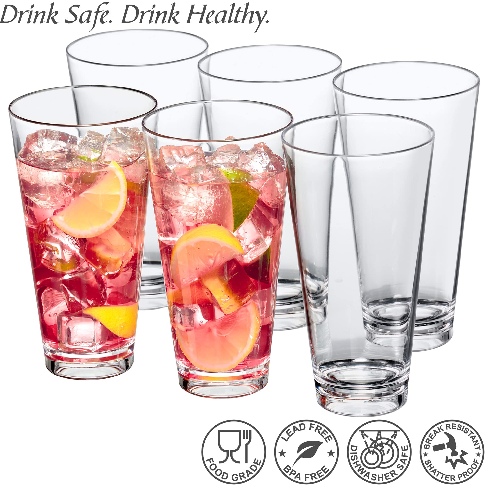 Amazing Abby - Serenity Kunststoff-Trinkgläser, transparent, wiederverwendbar, stapelbar, BPA-frei, bruchsicher, spülmaschinenfest, 680 ml, 6 Stück