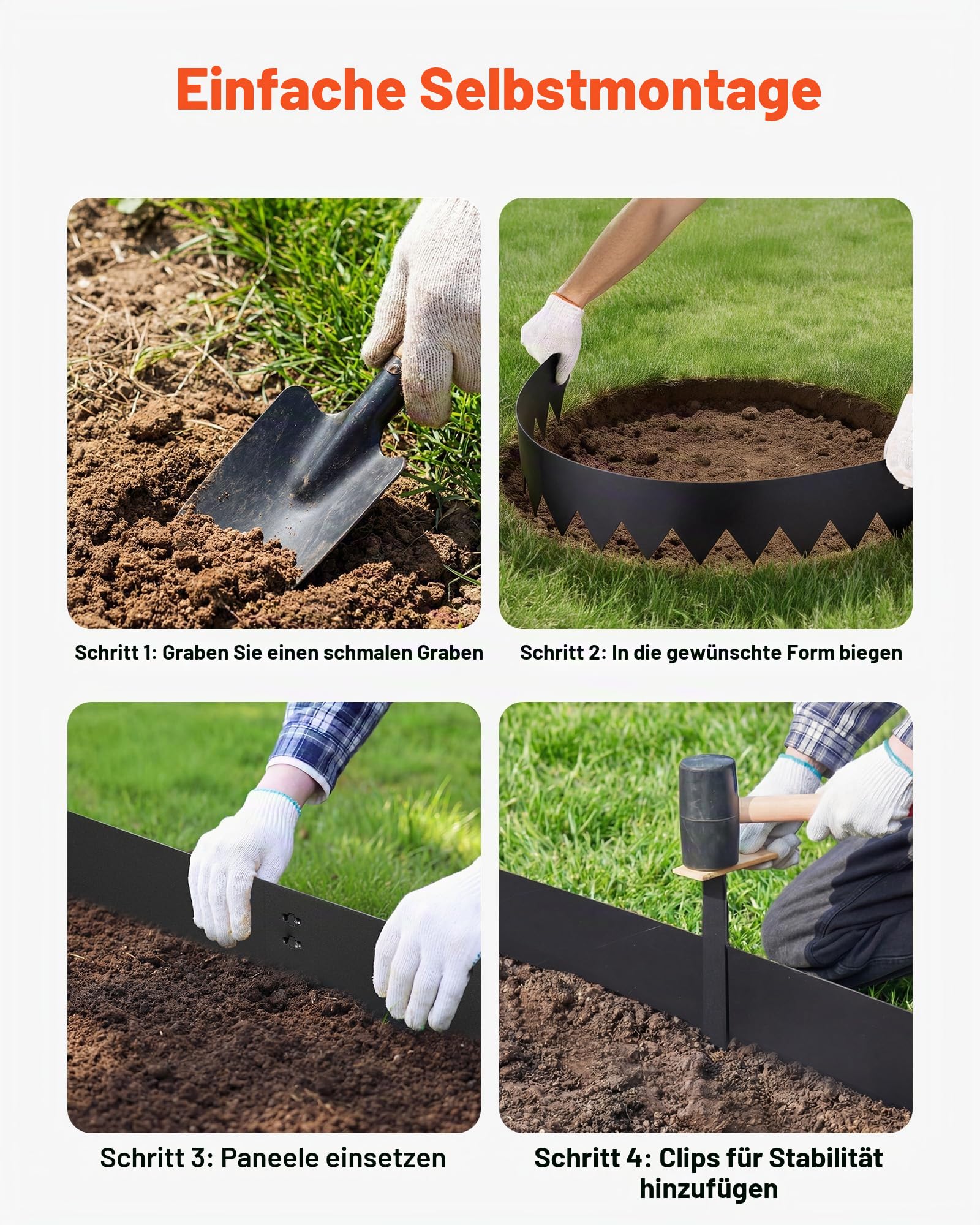 VEVOR Rasenkante 6er-Pack 1016x203 mm, Beeteinfassung mit 6 Befestigungsclips, Biegsame Rasenbleche aus Verzinktem Stahl, Mähkante, Palisade Beetumrandung für Blumenbeete & Gartenwege, Schwarz