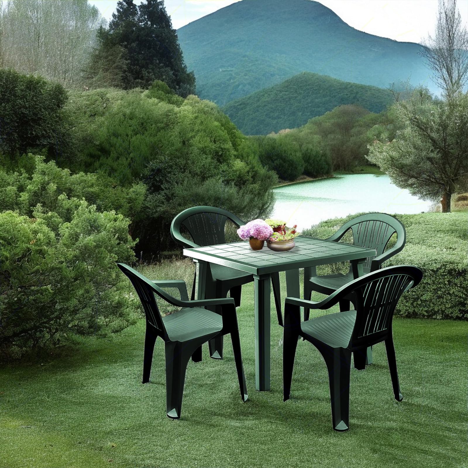 Sicignano - Lot de 4 fauteuils Ratak avec table carrée week-end 80 x 80 cm - polypropylène empilable avec accoudoirs facile à installer, mobilier intérieur extérieur jardin fabriqué en Italie