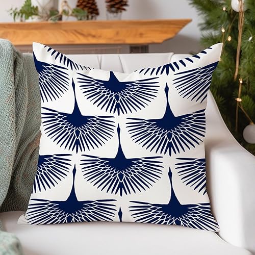 Miniatura 5 de Fundas de cojín estilo asiático chinoiserie azul marino cisne decoración del hogar, fundas de almohada de lino de lino con pájaro elegante azul