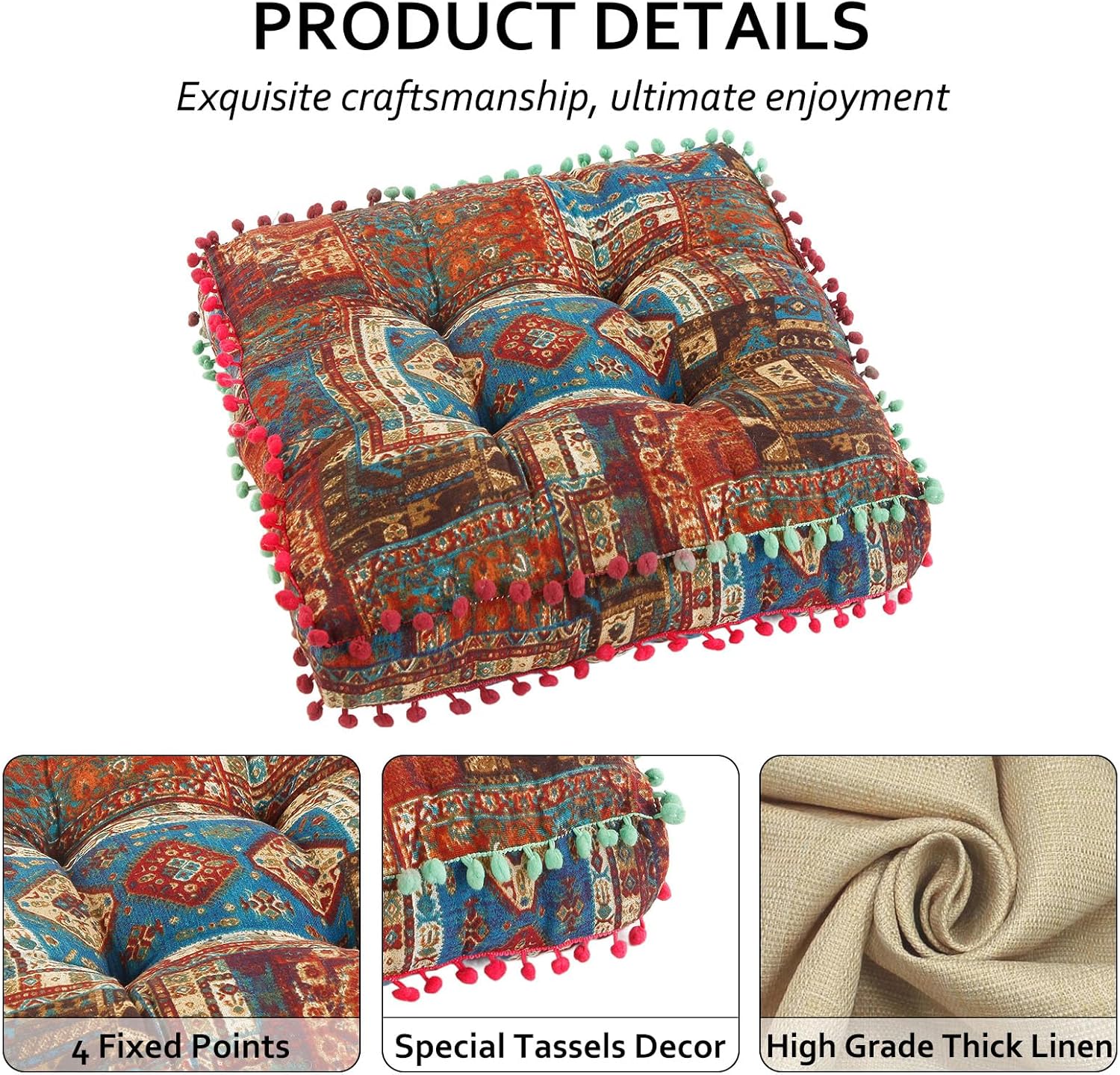 Bohemian Seat Cushion，Indoor & Outdoor 16.5" x 16.5" Seating Cushion for Dinning Chairs, Decorative with Tassels(2Pcs, Blue)